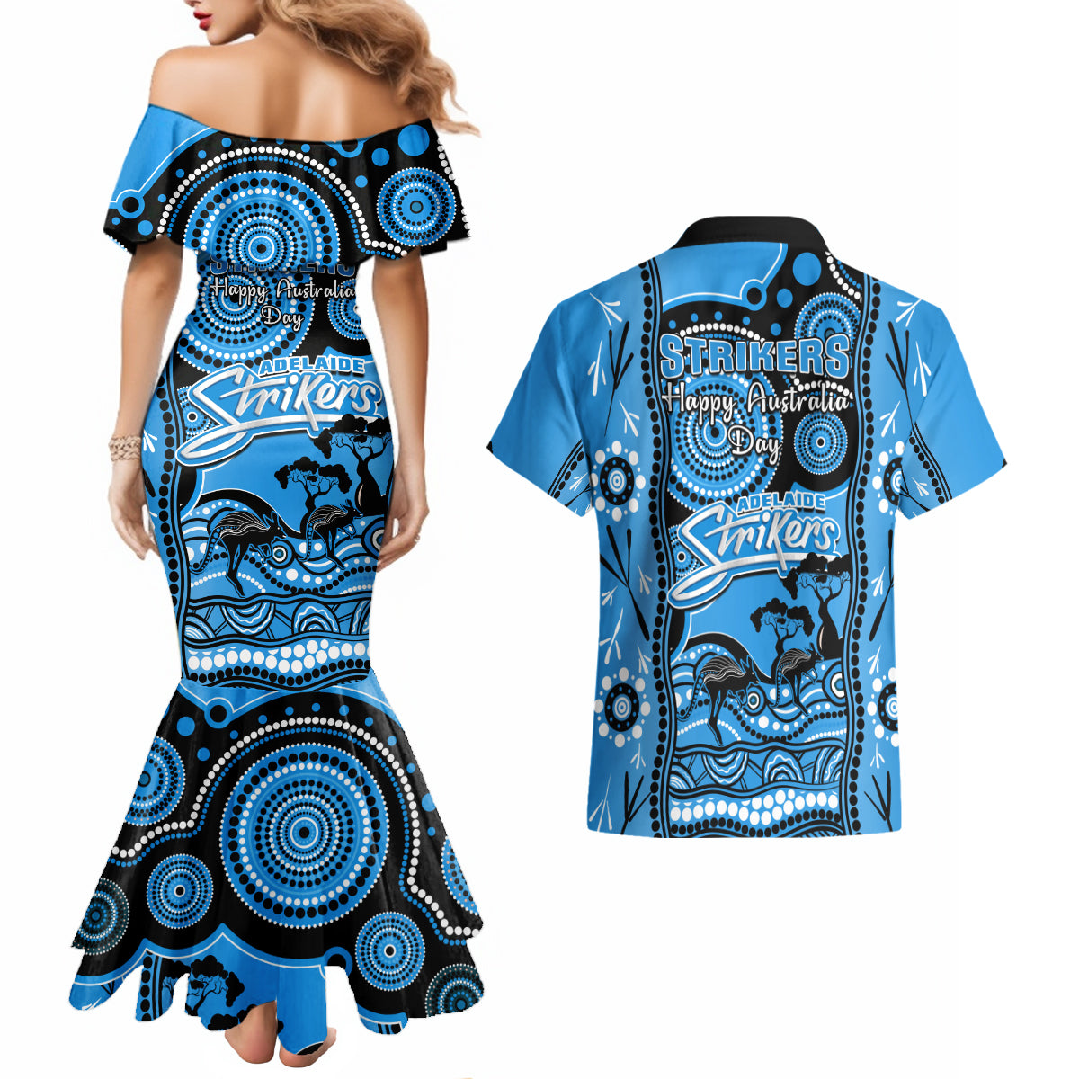 adelaide-strikers-cricket-couples-matching-mermaid-dress-and-hawaiian-shirt-happy-australia-day-aboriginal-art