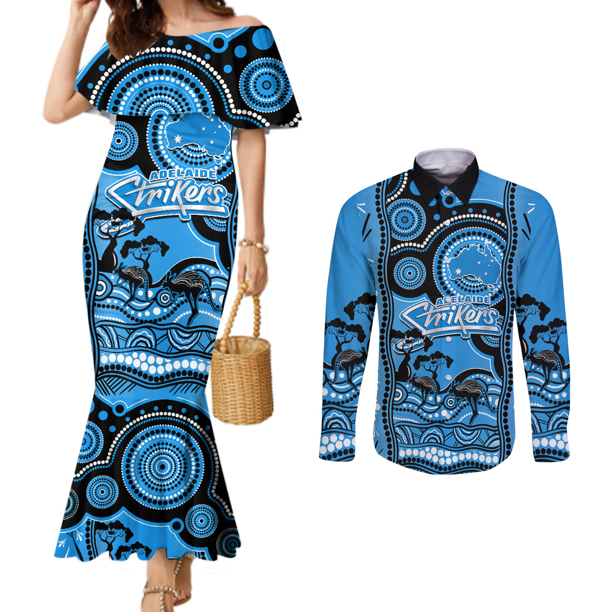 adelaide-strikers-cricket-couples-matching-mermaid-dress-and-long-sleeve-button-shirt-happy-australia-day-aboriginal-art