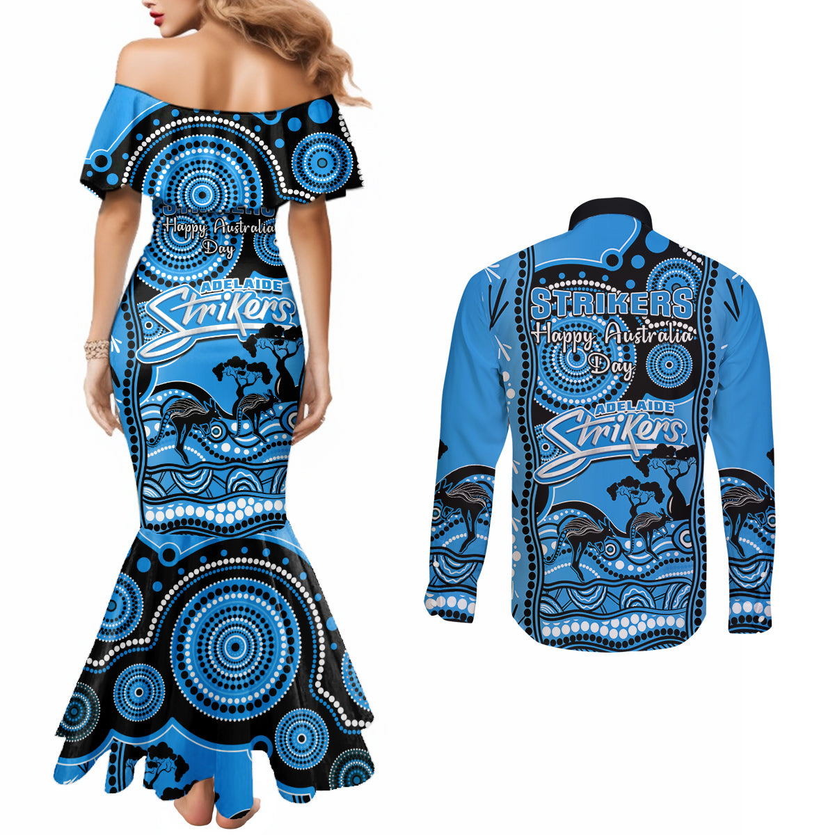 adelaide-strikers-cricket-couples-matching-mermaid-dress-and-long-sleeve-button-shirt-happy-australia-day-aboriginal-art