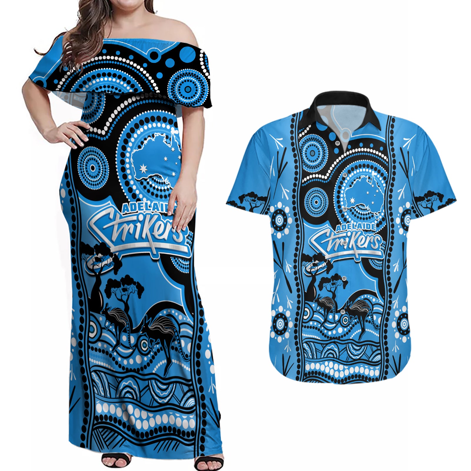 adelaide-strikers-cricket-couples-matching-off-shoulder-maxi-dress-and-hawaiian-shirt-happy-australia-day-aboriginal-art