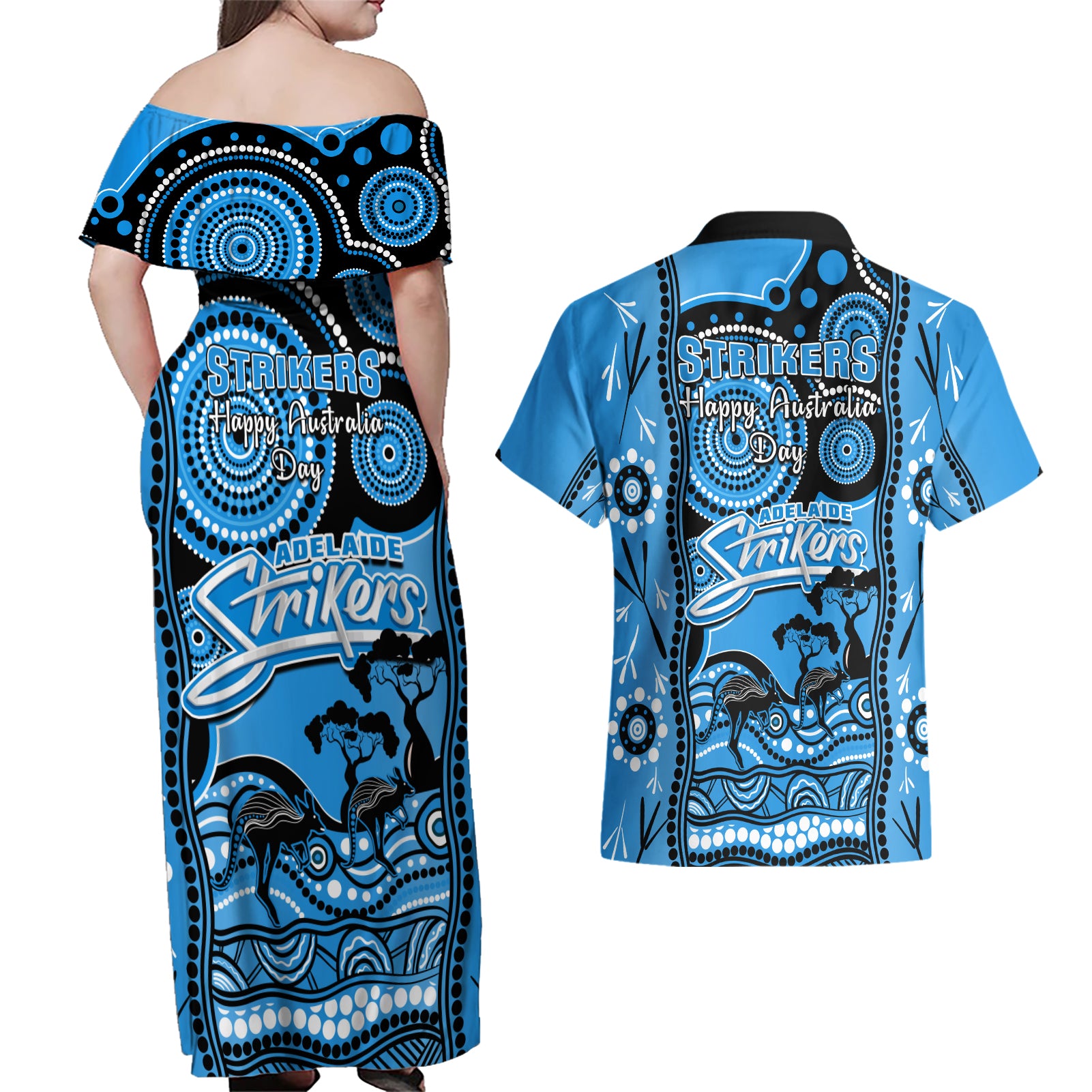 adelaide-strikers-cricket-couples-matching-off-shoulder-maxi-dress-and-hawaiian-shirt-happy-australia-day-aboriginal-art