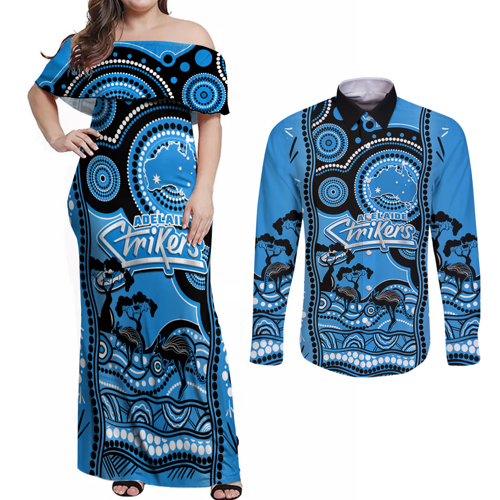 adelaide-strikers-cricket-couples-matching-off-shoulder-maxi-dress-and-long-sleeve-button-shirt-happy-australia-day-aboriginal-art