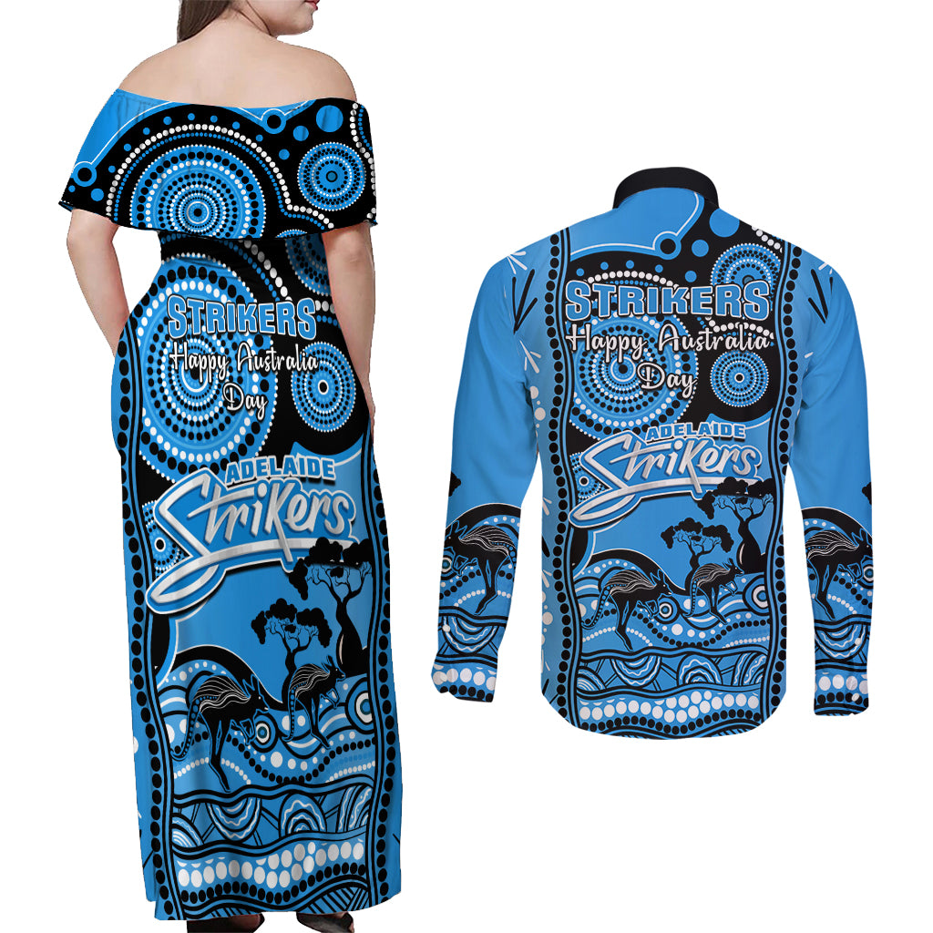 adelaide-strikers-cricket-couples-matching-off-shoulder-maxi-dress-and-long-sleeve-button-shirt-happy-australia-day-aboriginal-art