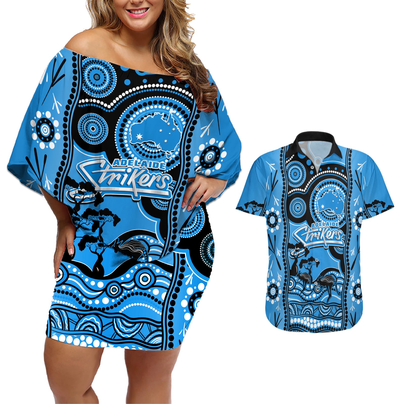 adelaide-strikers-cricket-couples-matching-off-shoulder-short-dress-and-hawaiian-shirt-happy-australia-day-aboriginal-art