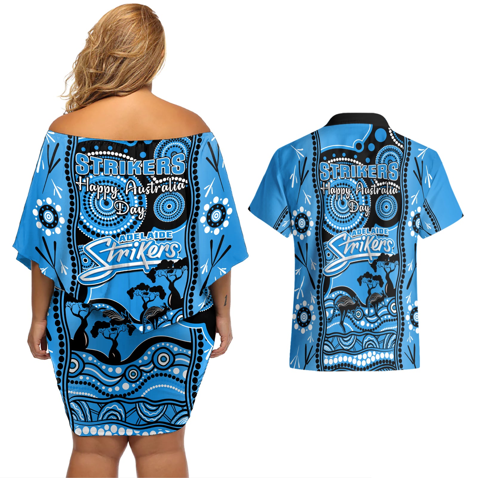 adelaide-strikers-cricket-couples-matching-off-shoulder-short-dress-and-hawaiian-shirt-happy-australia-day-aboriginal-art