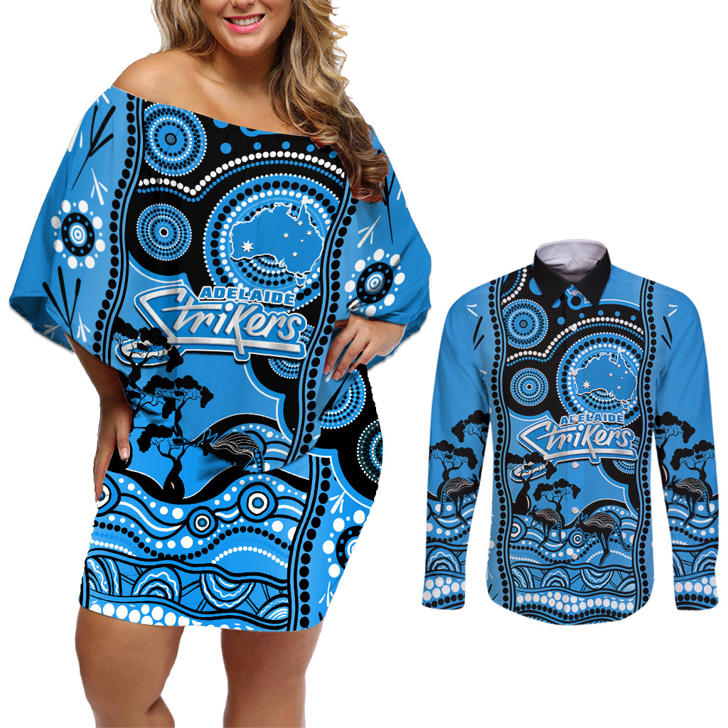 adelaide-strikers-cricket-couples-matching-off-shoulder-short-dress-and-long-sleeve-button-shirt-happy-australia-day-aboriginal-art