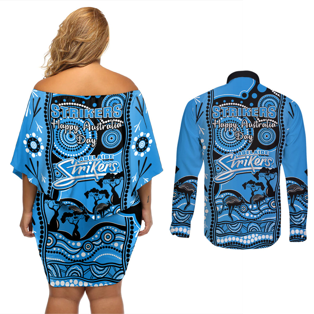 adelaide-strikers-cricket-couples-matching-off-shoulder-short-dress-and-long-sleeve-button-shirt-happy-australia-day-aboriginal-art