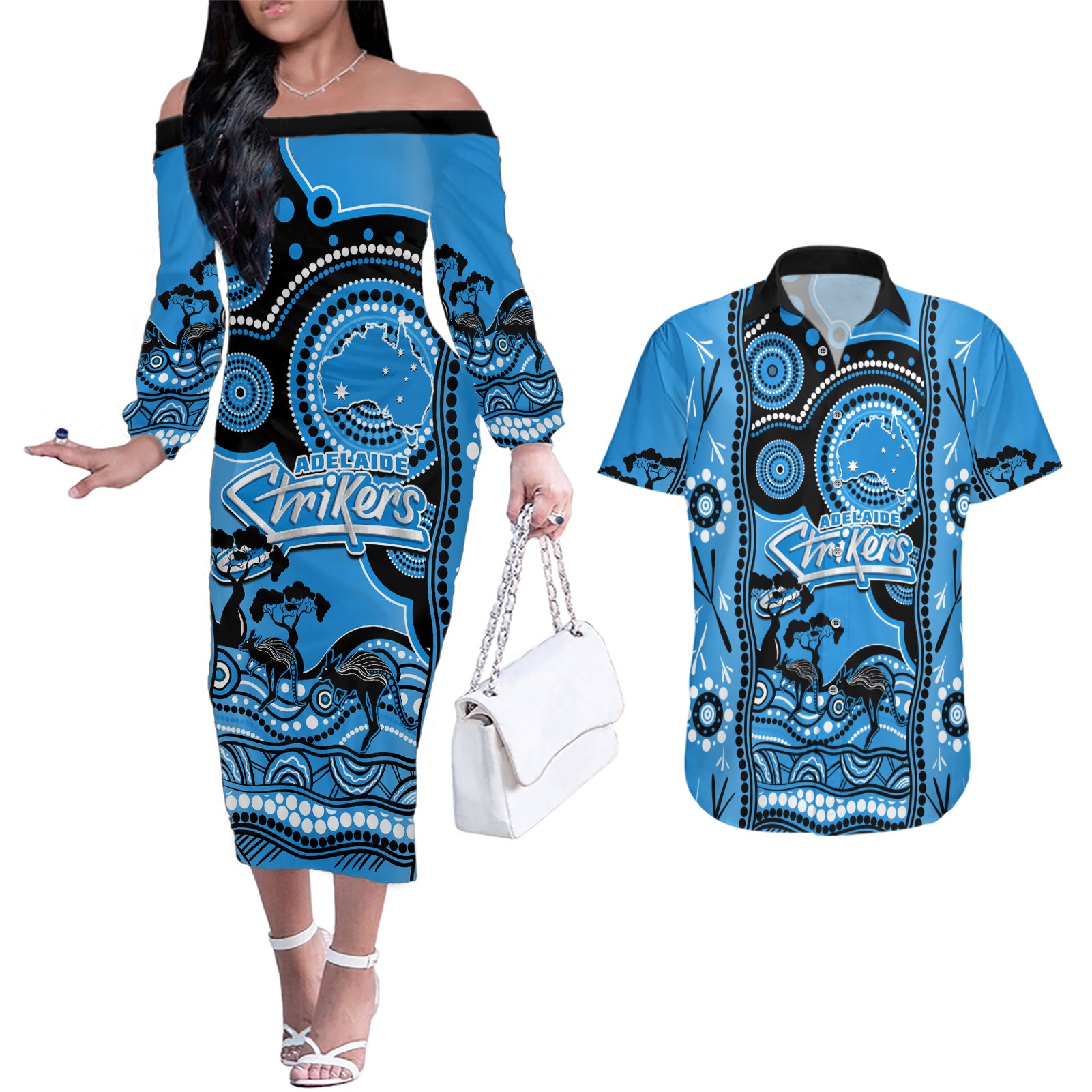 adelaide-strikers-cricket-couples-matching-off-the-shoulder-long-sleeve-dress-and-hawaiian-shirt-happy-australia-day-aboriginal-art