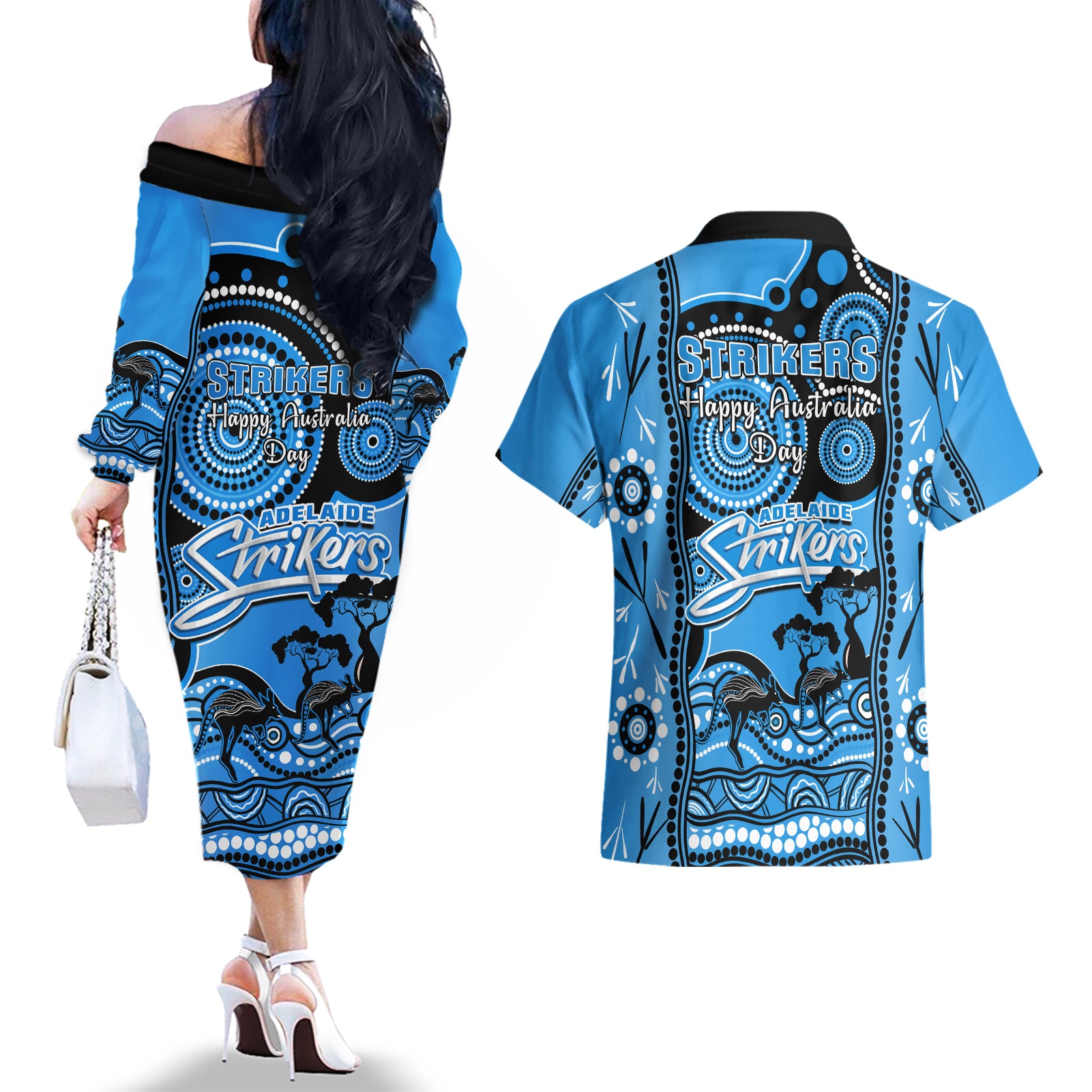 adelaide-strikers-cricket-couples-matching-off-the-shoulder-long-sleeve-dress-and-hawaiian-shirt-happy-australia-day-aboriginal-art