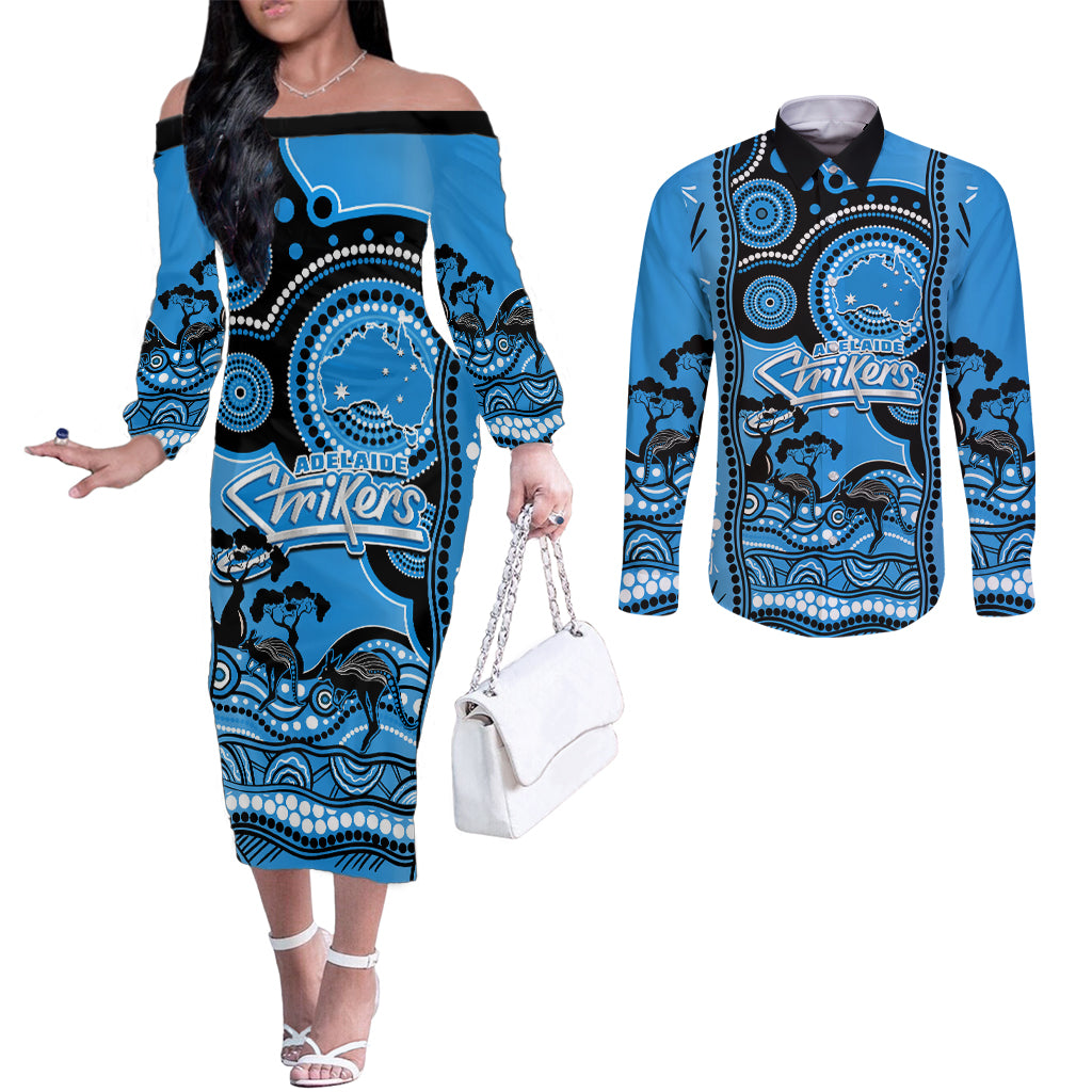 adelaide-strikers-cricket-couples-matching-off-the-shoulder-long-sleeve-dress-and-long-sleeve-button-shirt-happy-australia-day-aboriginal-art