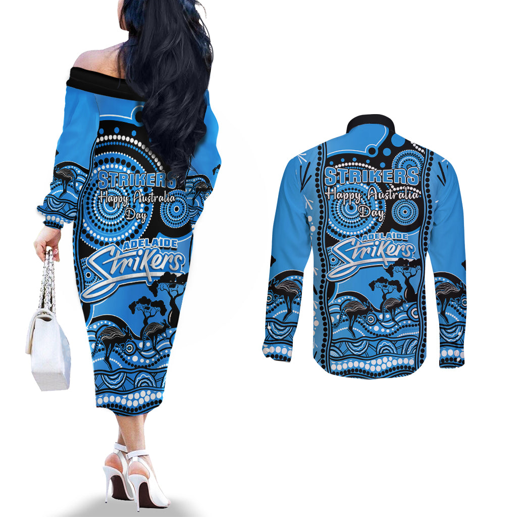 adelaide-strikers-cricket-couples-matching-off-the-shoulder-long-sleeve-dress-and-long-sleeve-button-shirt-happy-australia-day-aboriginal-art