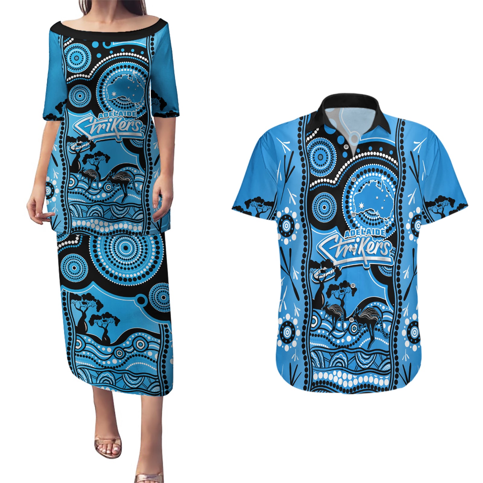 adelaide-strikers-cricket-couples-matching-puletasi-dress-and-hawaiian-shirt-happy-australia-day-aboriginal-art