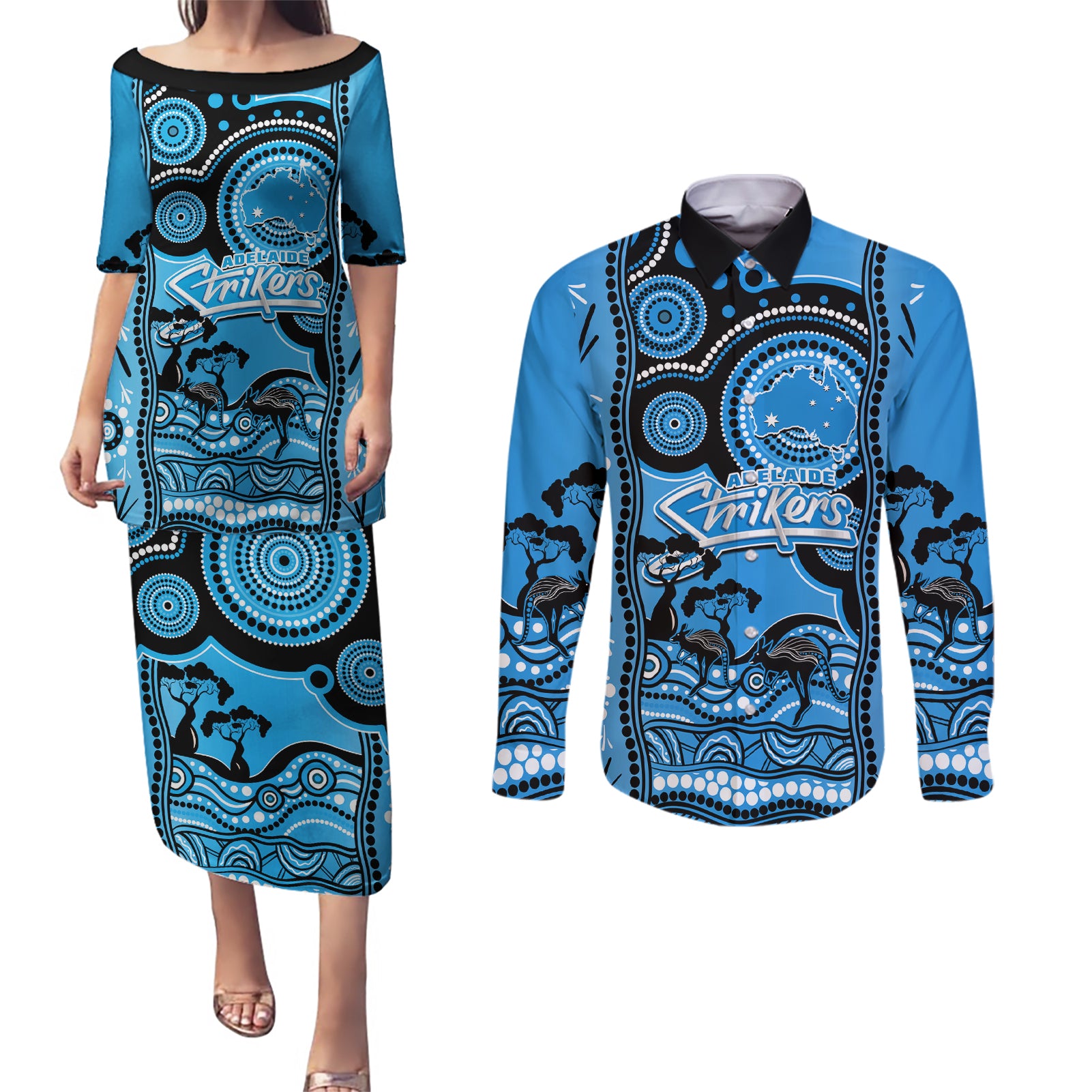 adelaide-strikers-cricket-couples-matching-puletasi-dress-and-long-sleeve-button-shirt-happy-australia-day-aboriginal-art