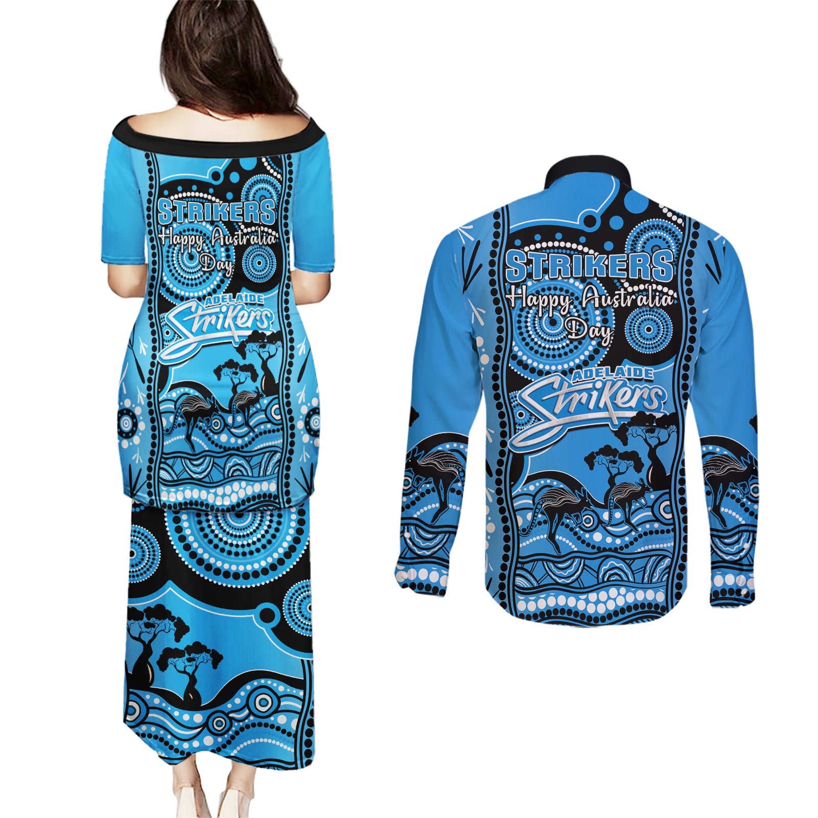 adelaide-strikers-cricket-couples-matching-puletasi-dress-and-long-sleeve-button-shirt-happy-australia-day-aboriginal-art