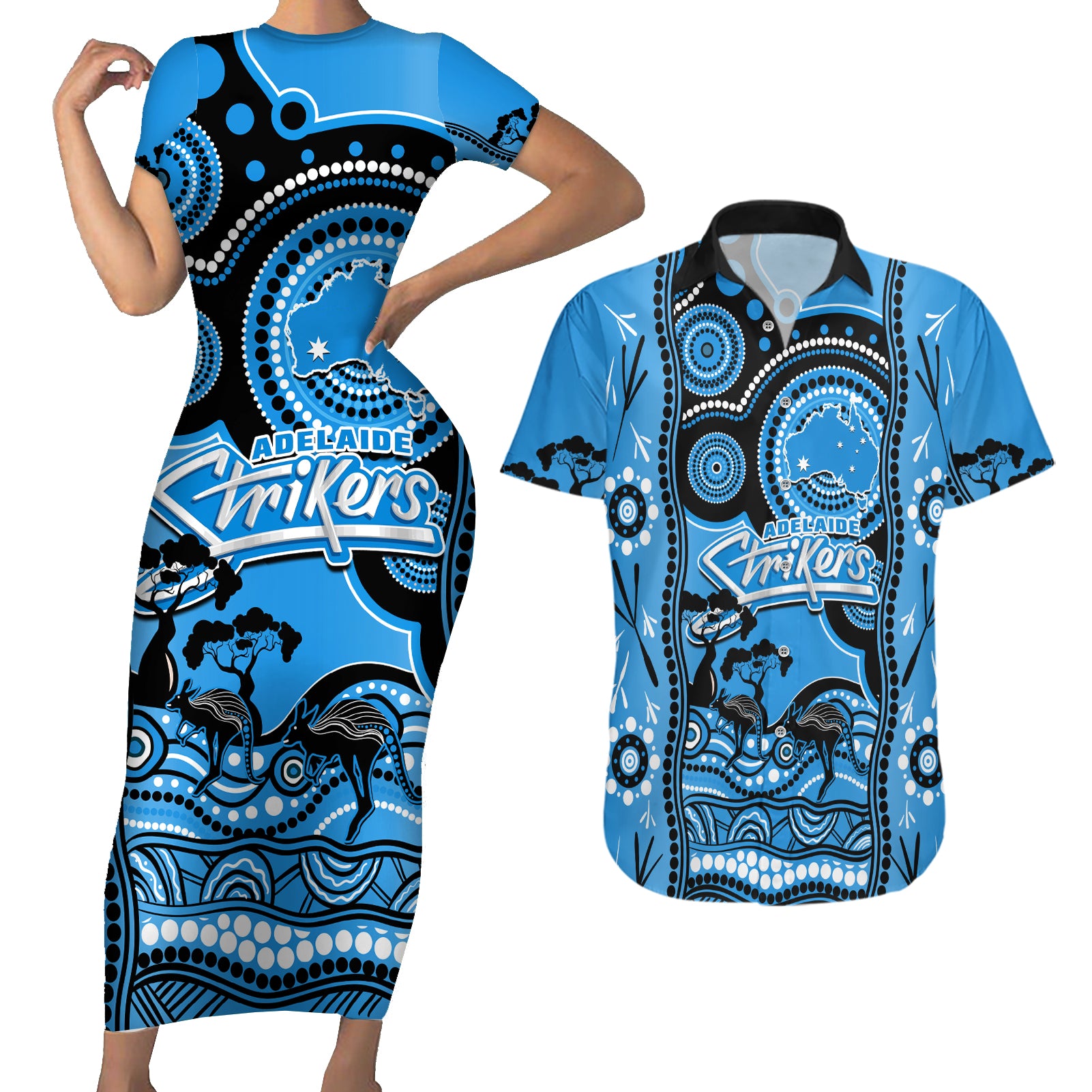 adelaide-strikers-cricket-couples-matching-short-sleeve-bodycon-dress-and-hawaiian-shirt-happy-australia-day-aboriginal-art