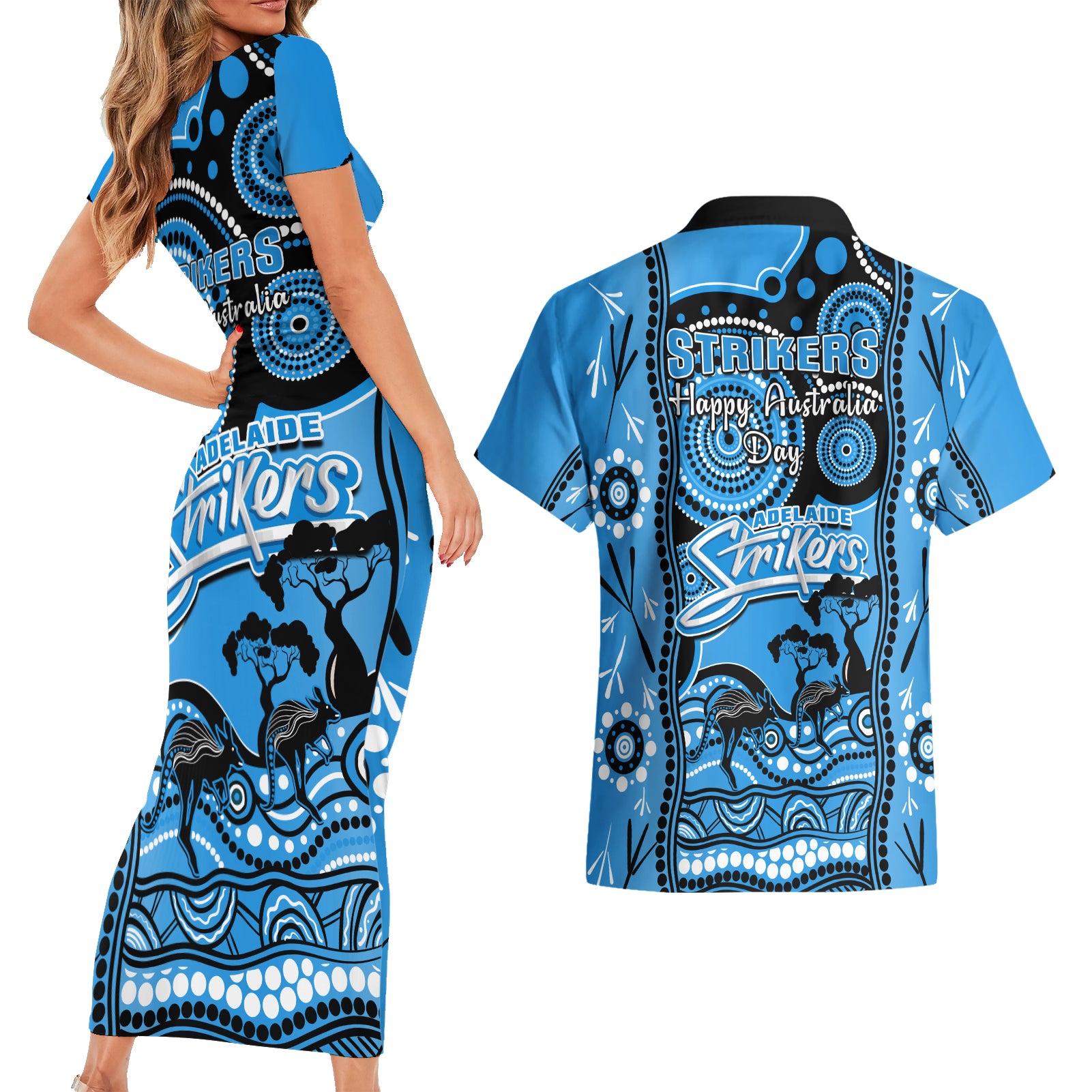 adelaide-strikers-cricket-couples-matching-short-sleeve-bodycon-dress-and-hawaiian-shirt-happy-australia-day-aboriginal-art