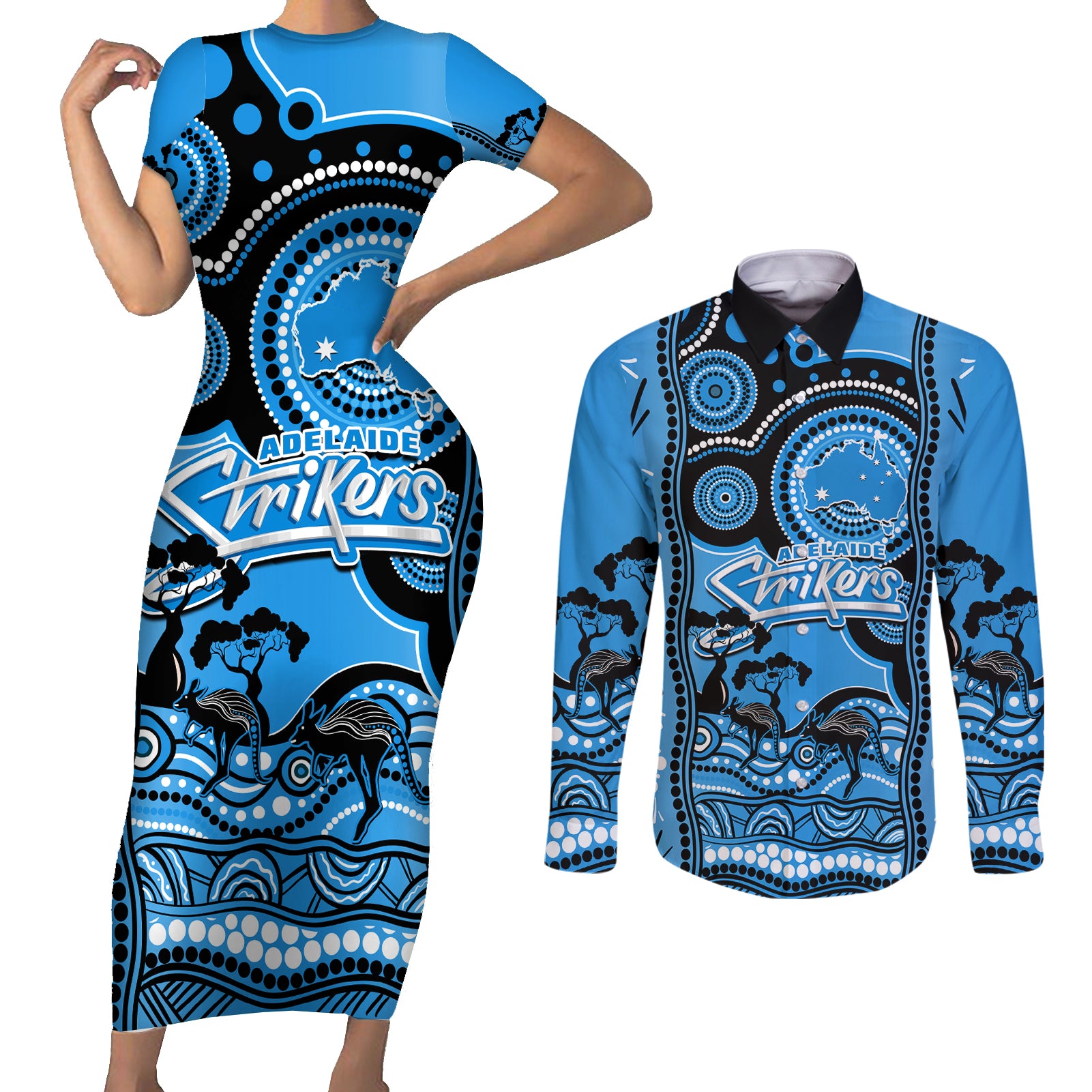 adelaide-strikers-cricket-couples-matching-short-sleeve-bodycon-dress-and-long-sleeve-button-shirt-happy-australia-day-aboriginal-art