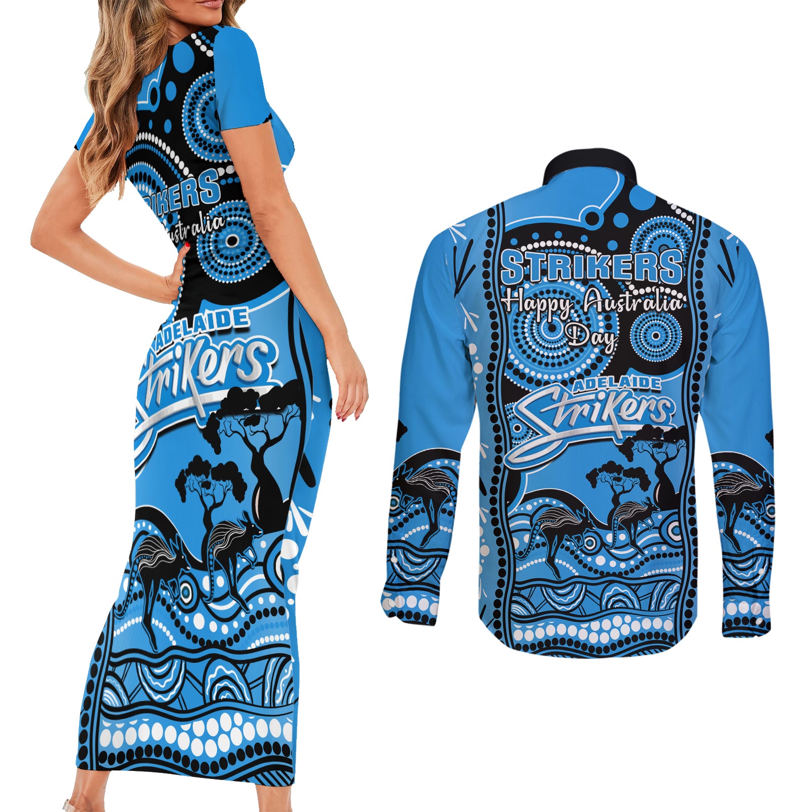 adelaide-strikers-cricket-couples-matching-short-sleeve-bodycon-dress-and-long-sleeve-button-shirt-happy-australia-day-aboriginal-art