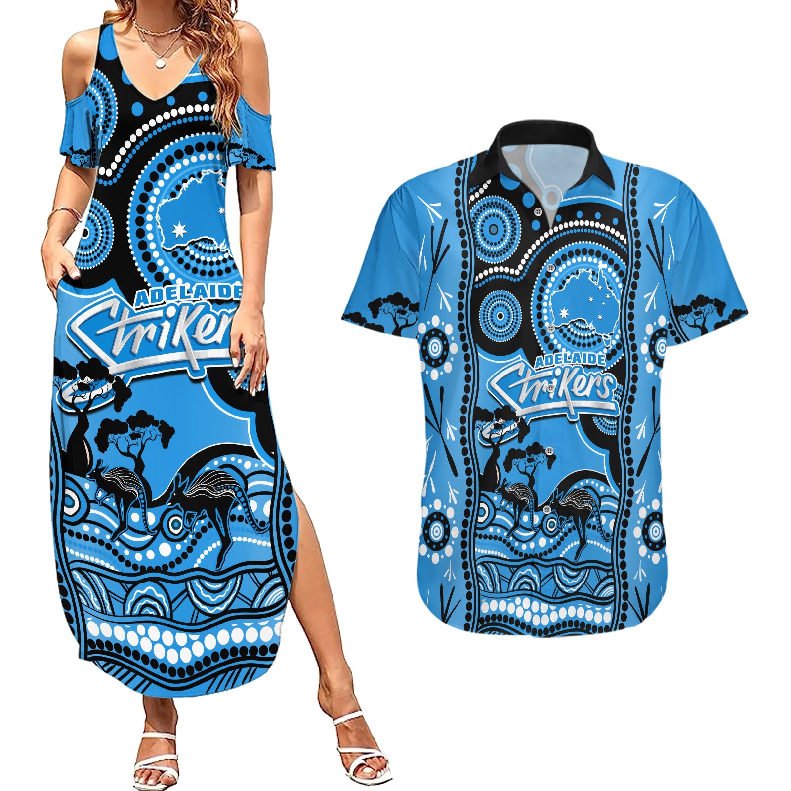 adelaide-strikers-cricket-couples-matching-summer-maxi-dress-and-hawaiian-shirt-happy-australia-day-aboriginal-art