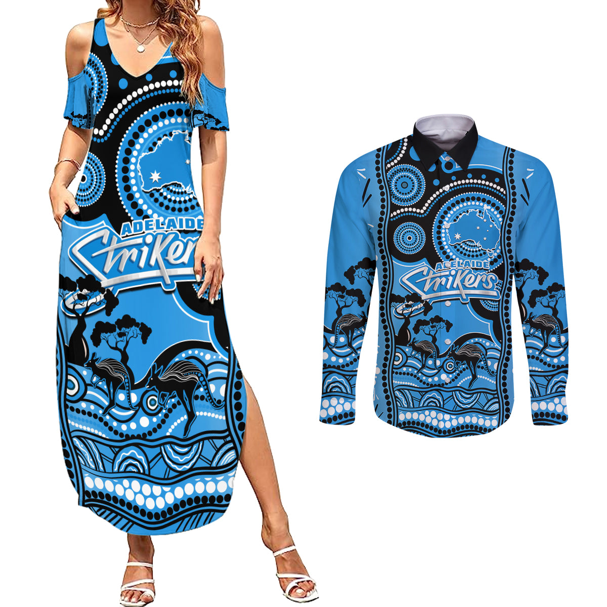 adelaide-strikers-cricket-couples-matching-summer-maxi-dress-and-long-sleeve-button-shirt-happy-australia-day-aboriginal-art