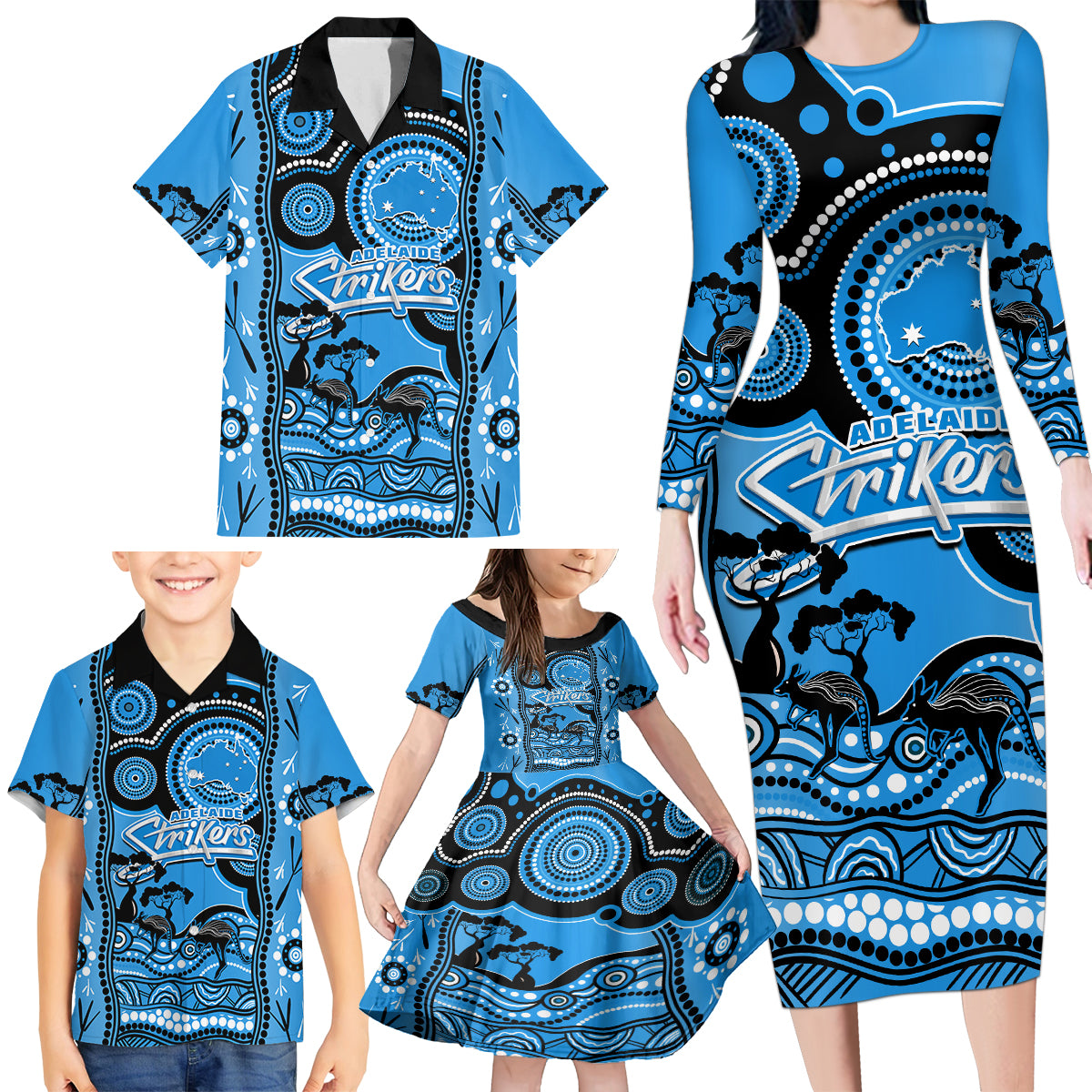 adelaide-strikers-cricket-family-matching-long-sleeve-bodycon-dress-and-hawaiian-shirt-happy-australia-day-aboriginal-art