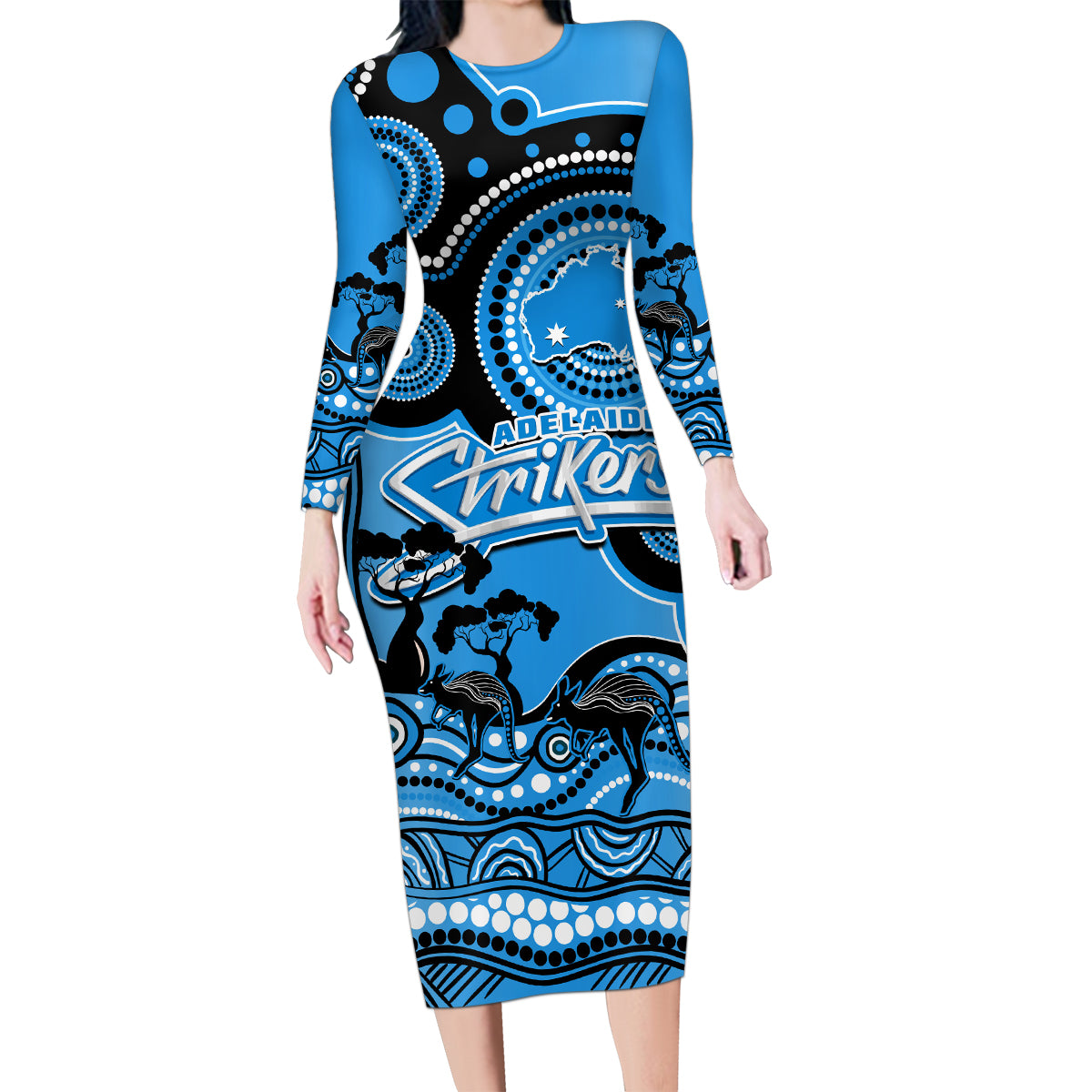 adelaide-strikers-cricket-family-matching-long-sleeve-bodycon-dress-and-hawaiian-shirt-happy-australia-day-aboriginal-art