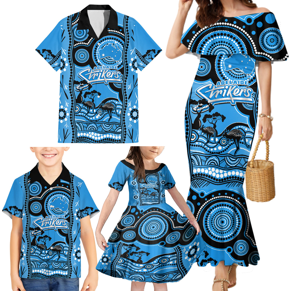 adelaide-strikers-cricket-family-matching-mermaid-dress-and-hawaiian-shirt-happy-australia-day-aboriginal-art