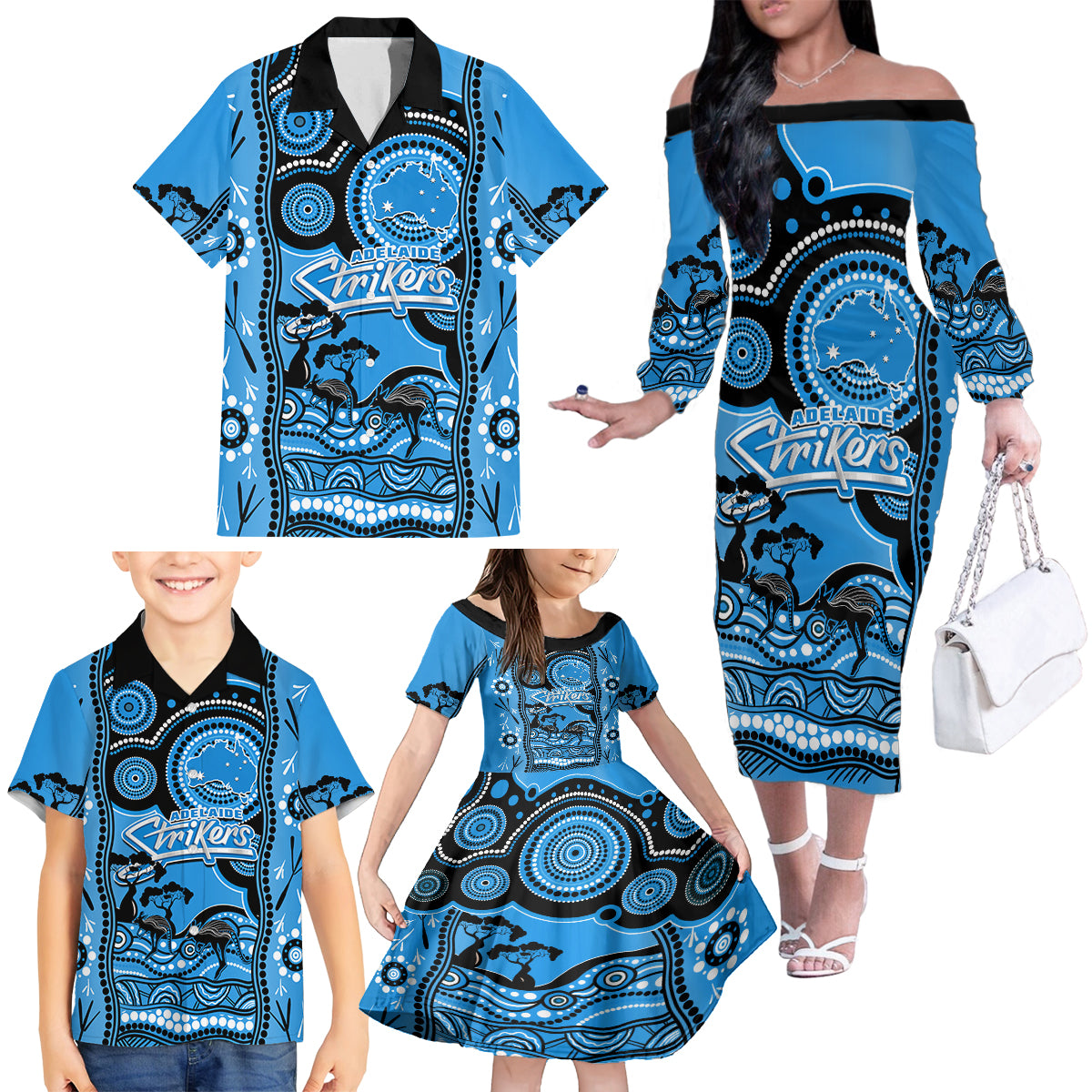 adelaide-strikers-cricket-family-matching-off-shoulder-long-sleeve-dress-and-hawaiian-shirt-happy-australia-day-aboriginal-art