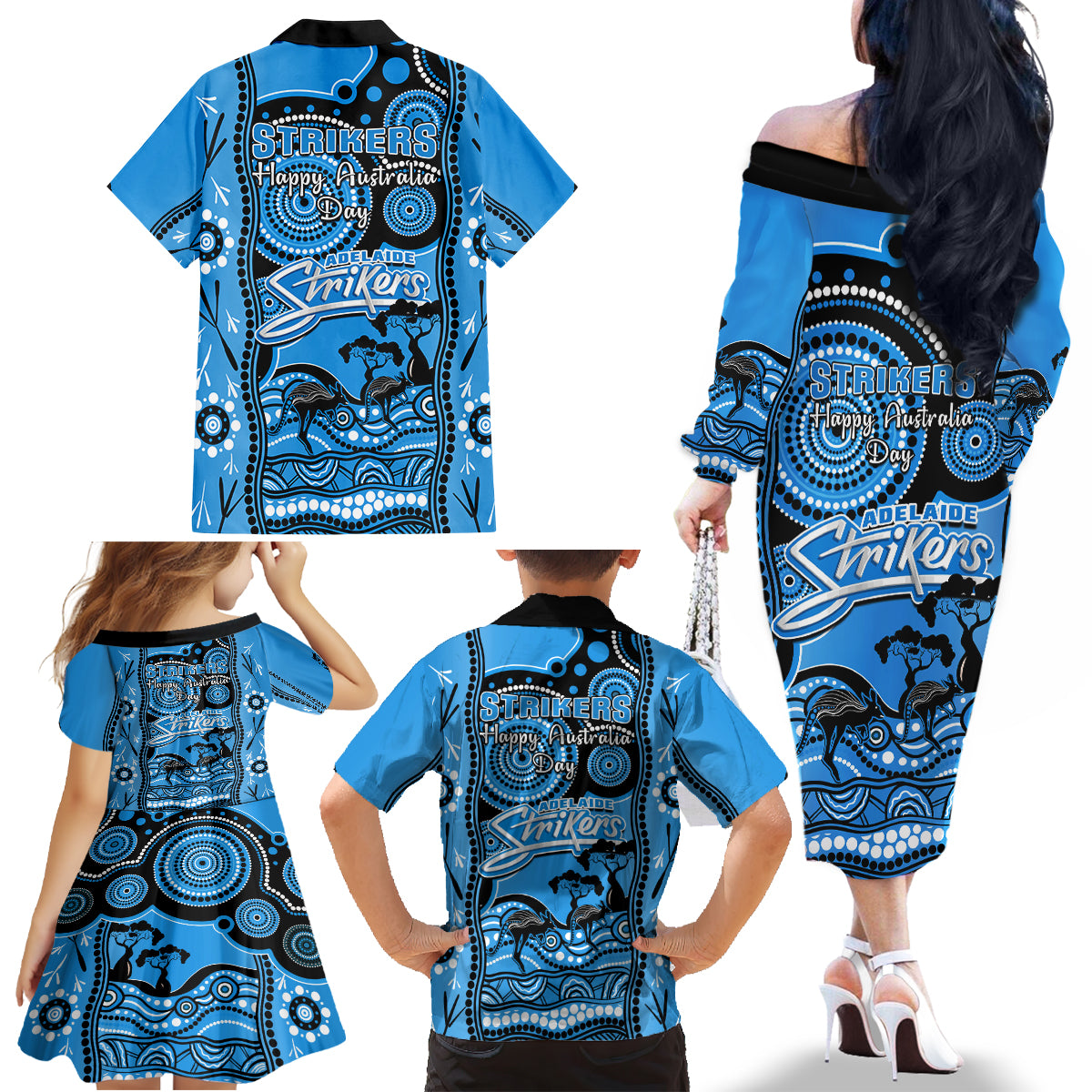 adelaide-strikers-cricket-family-matching-off-shoulder-long-sleeve-dress-and-hawaiian-shirt-happy-australia-day-aboriginal-art