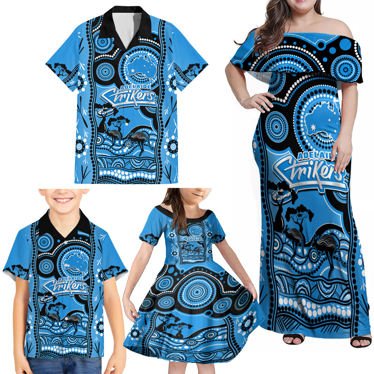 adelaide-strikers-cricket-family-matching-off-shoulder-maxi-dress-and-hawaiian-shirt-happy-australia-day-aboriginal-art