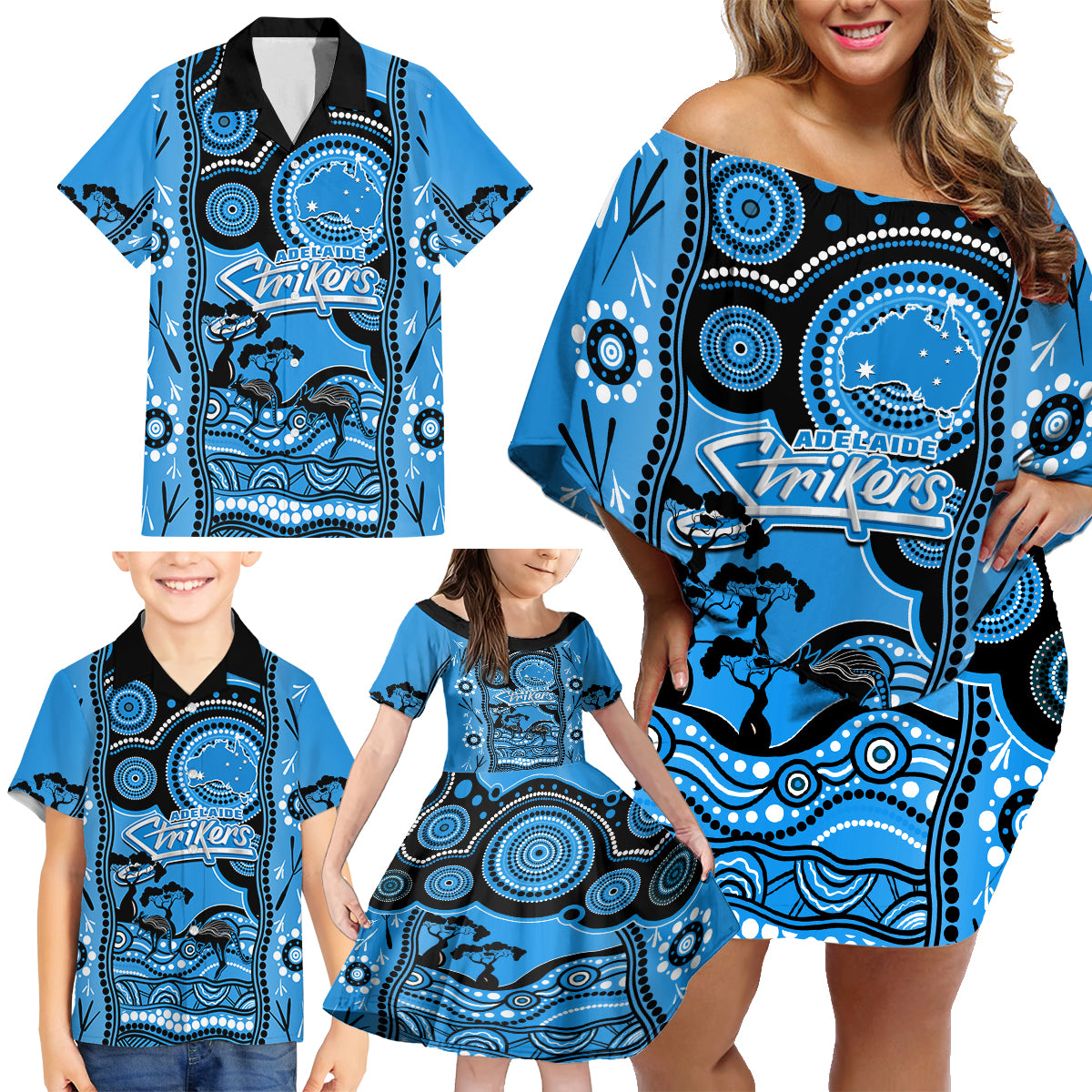 adelaide-strikers-cricket-family-matching-off-shoulder-short-dress-and-hawaiian-shirt-happy-australia-day-aboriginal-art