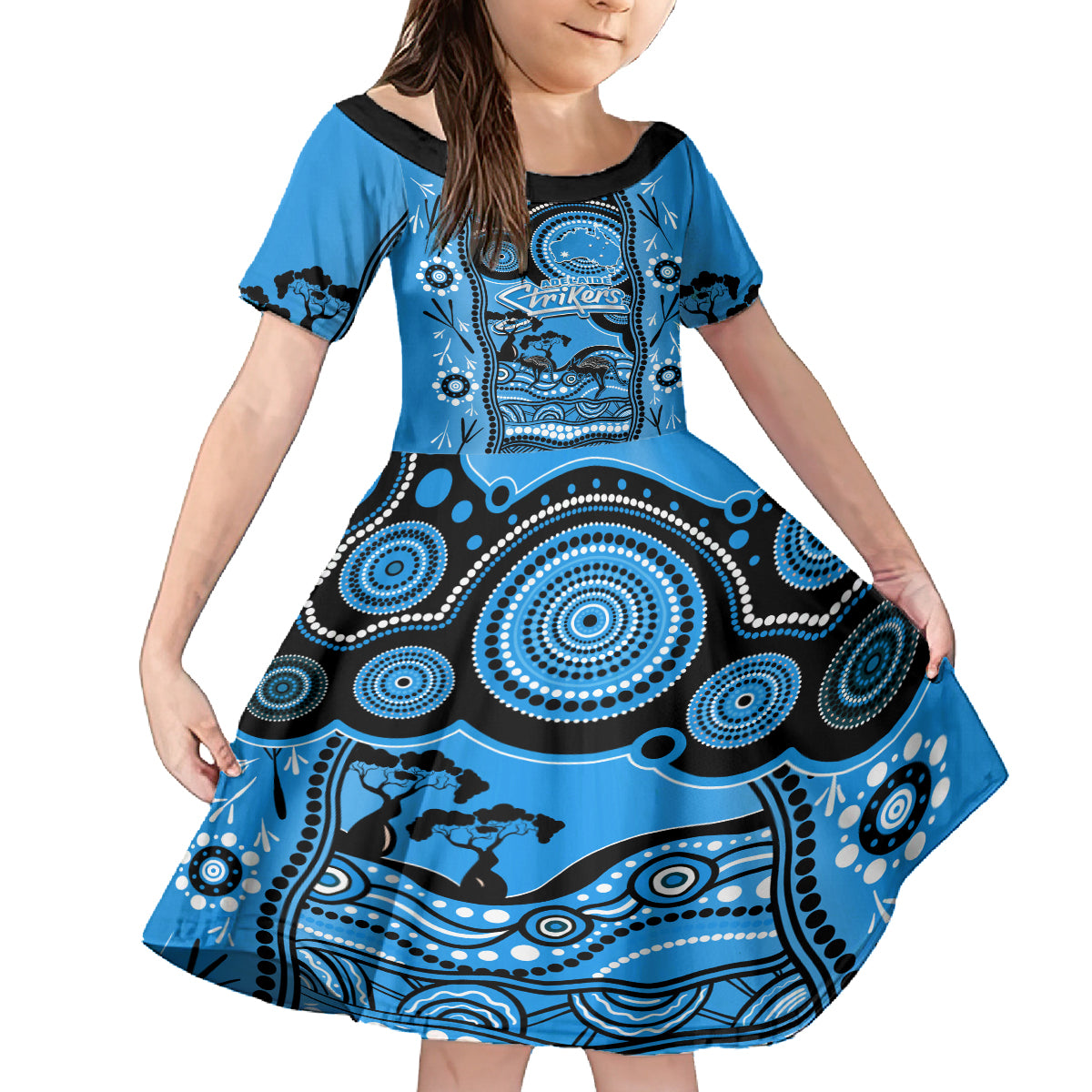 adelaide-strikers-cricket-family-matching-off-shoulder-short-dress-and-hawaiian-shirt-happy-australia-day-aboriginal-art