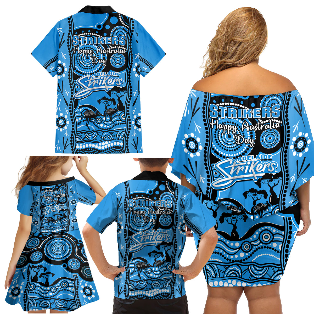 adelaide-strikers-cricket-family-matching-off-shoulder-short-dress-and-hawaiian-shirt-happy-australia-day-aboriginal-art