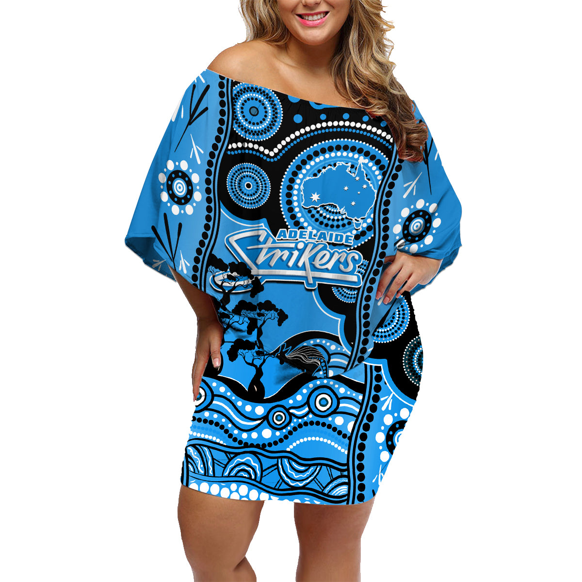 adelaide-strikers-cricket-family-matching-off-shoulder-short-dress-and-hawaiian-shirt-happy-australia-day-aboriginal-art