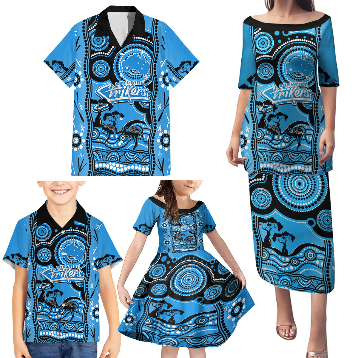 adelaide-strikers-cricket-family-matching-puletasi-dress-and-hawaiian-shirt-happy-australia-day-aboriginal-art