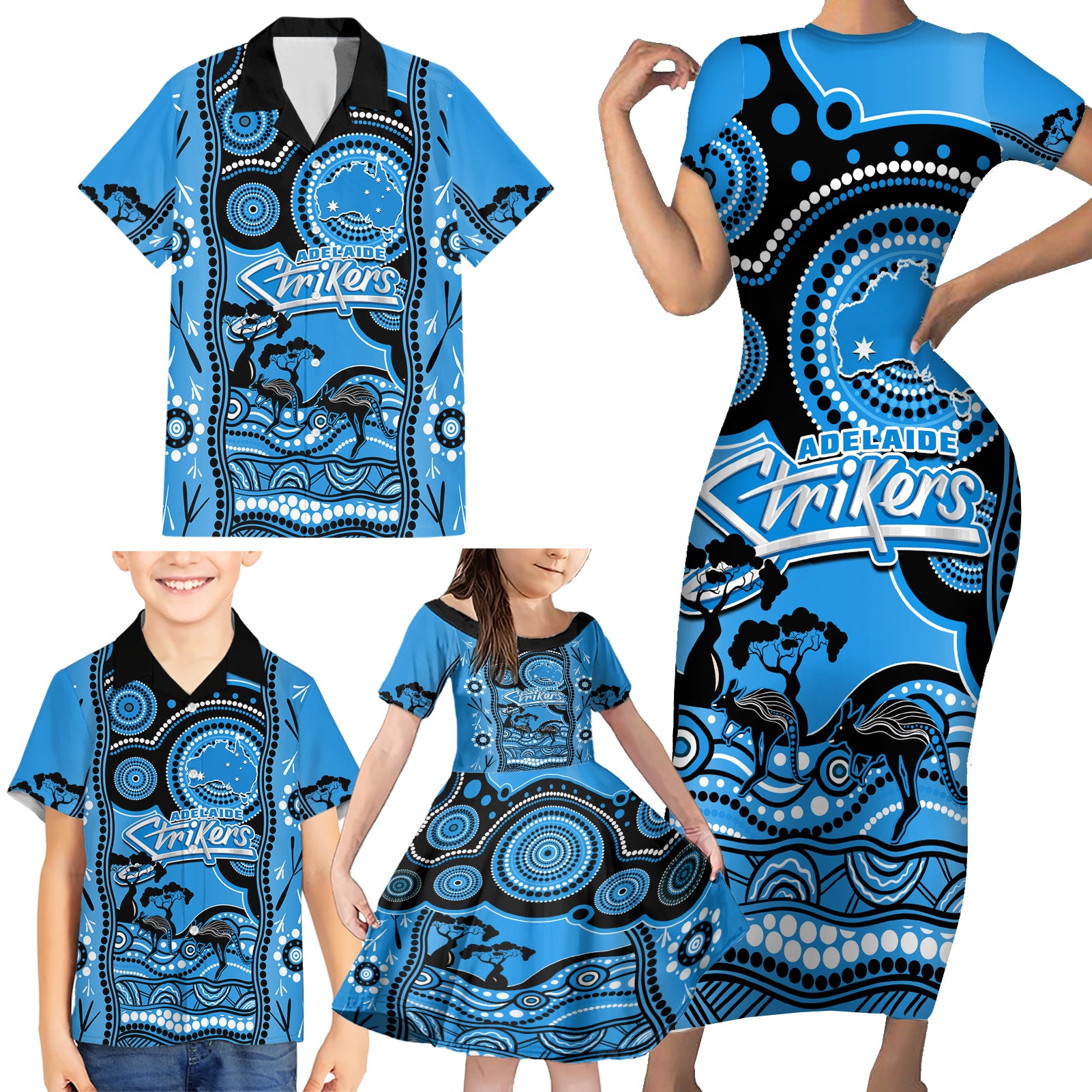 adelaide-strikers-cricket-family-matching-short-sleeve-bodycon-dress-and-hawaiian-shirt-happy-australia-day-aboriginal-art