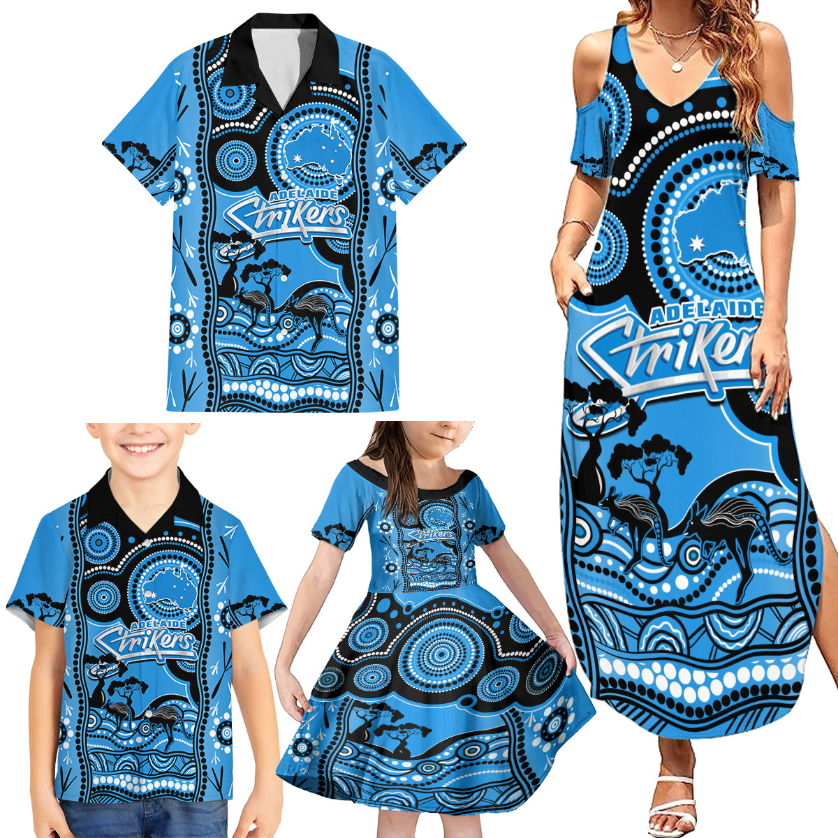 adelaide-strikers-cricket-family-matching-summer-maxi-dress-and-hawaiian-shirt-happy-australia-day-aboriginal-art