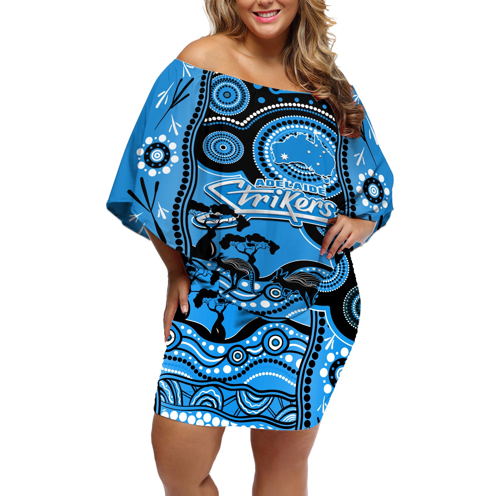 adelaide-strikers-cricket-off-shoulder-short-dress-happy-australia-day-aboriginal-art