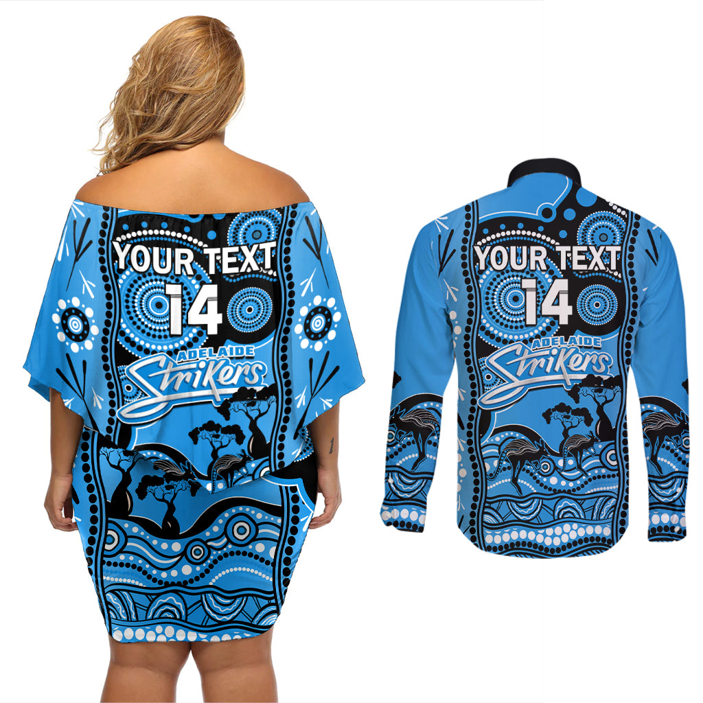 custom-adelaide-strikers-cricket-couples-matching-off-shoulder-short-dress-and-long-sleeve-button-shirt-happy-australia-day-aboriginal-art