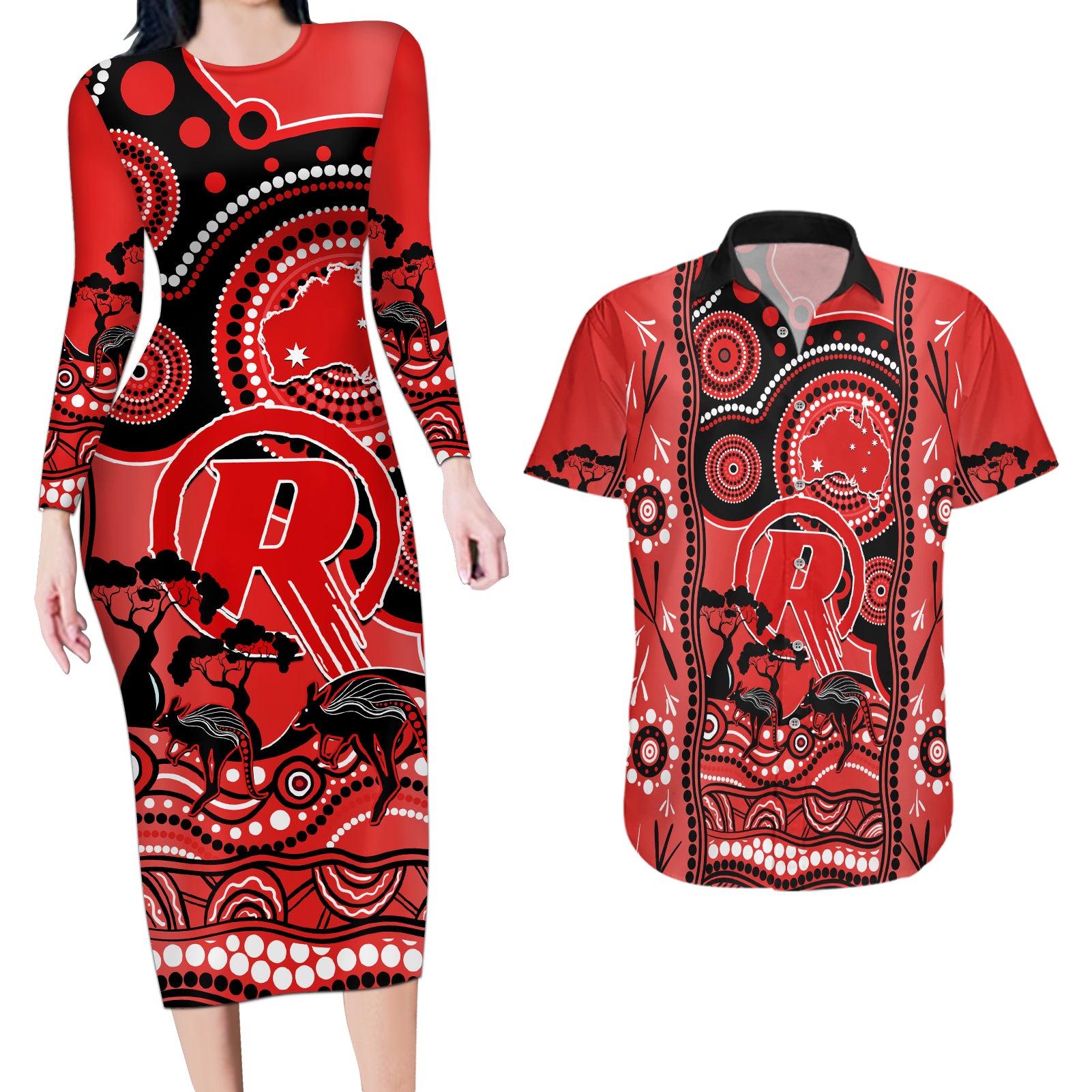 melbourne-renegades-cricket-couples-matching-long-sleeve-bodycon-dress-and-hawaiian-shirt-happy-australia-day-aboriginal-art