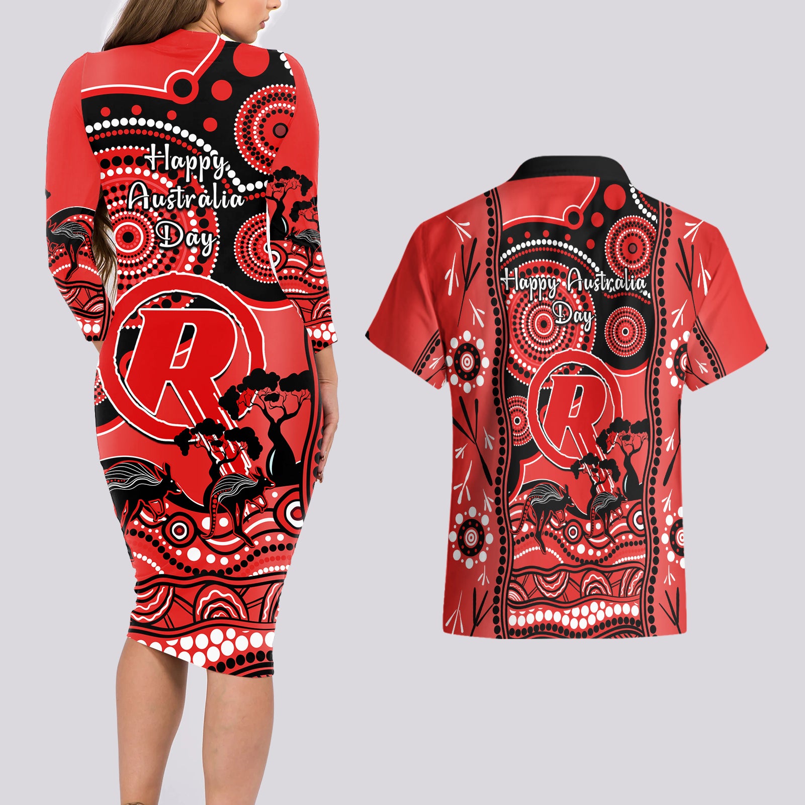 melbourne-renegades-cricket-couples-matching-long-sleeve-bodycon-dress-and-hawaiian-shirt-happy-australia-day-aboriginal-art