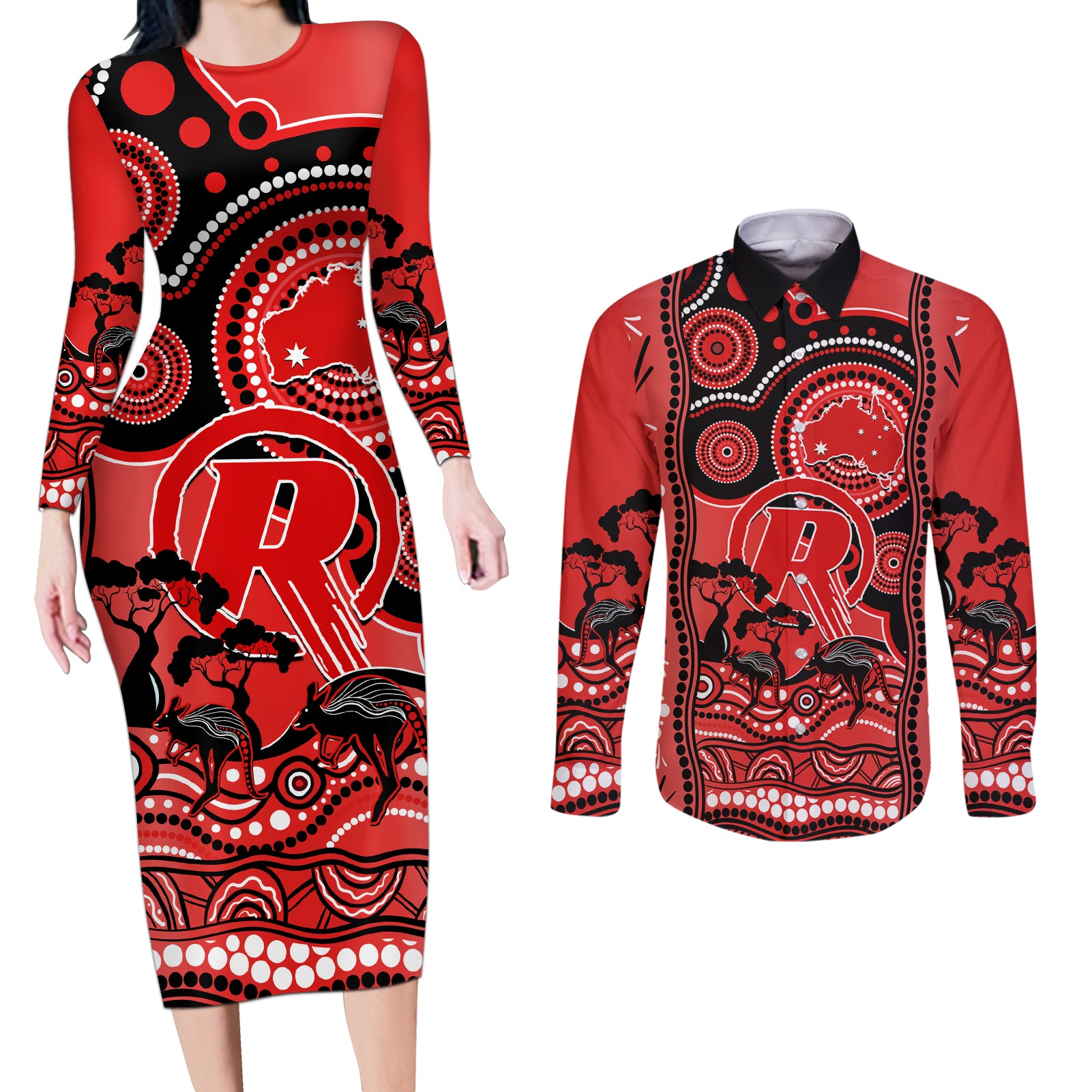 melbourne-renegades-cricket-couples-matching-long-sleeve-bodycon-dress-and-long-sleeve-button-shirt-happy-australia-day-aboriginal-art