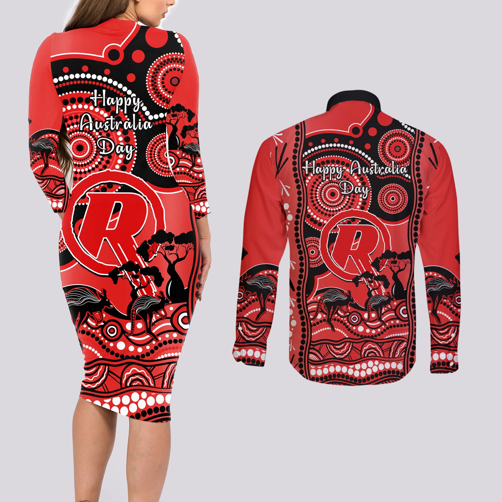 melbourne-renegades-cricket-couples-matching-long-sleeve-bodycon-dress-and-long-sleeve-button-shirt-happy-australia-day-aboriginal-art