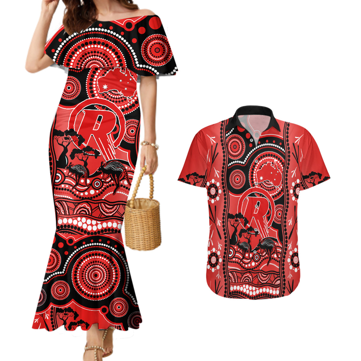 melbourne-renegades-cricket-couples-matching-mermaid-dress-and-hawaiian-shirt-happy-australia-day-aboriginal-art