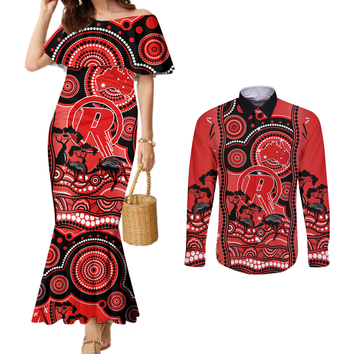 melbourne-renegades-cricket-couples-matching-mermaid-dress-and-long-sleeve-button-shirt-happy-australia-day-aboriginal-art