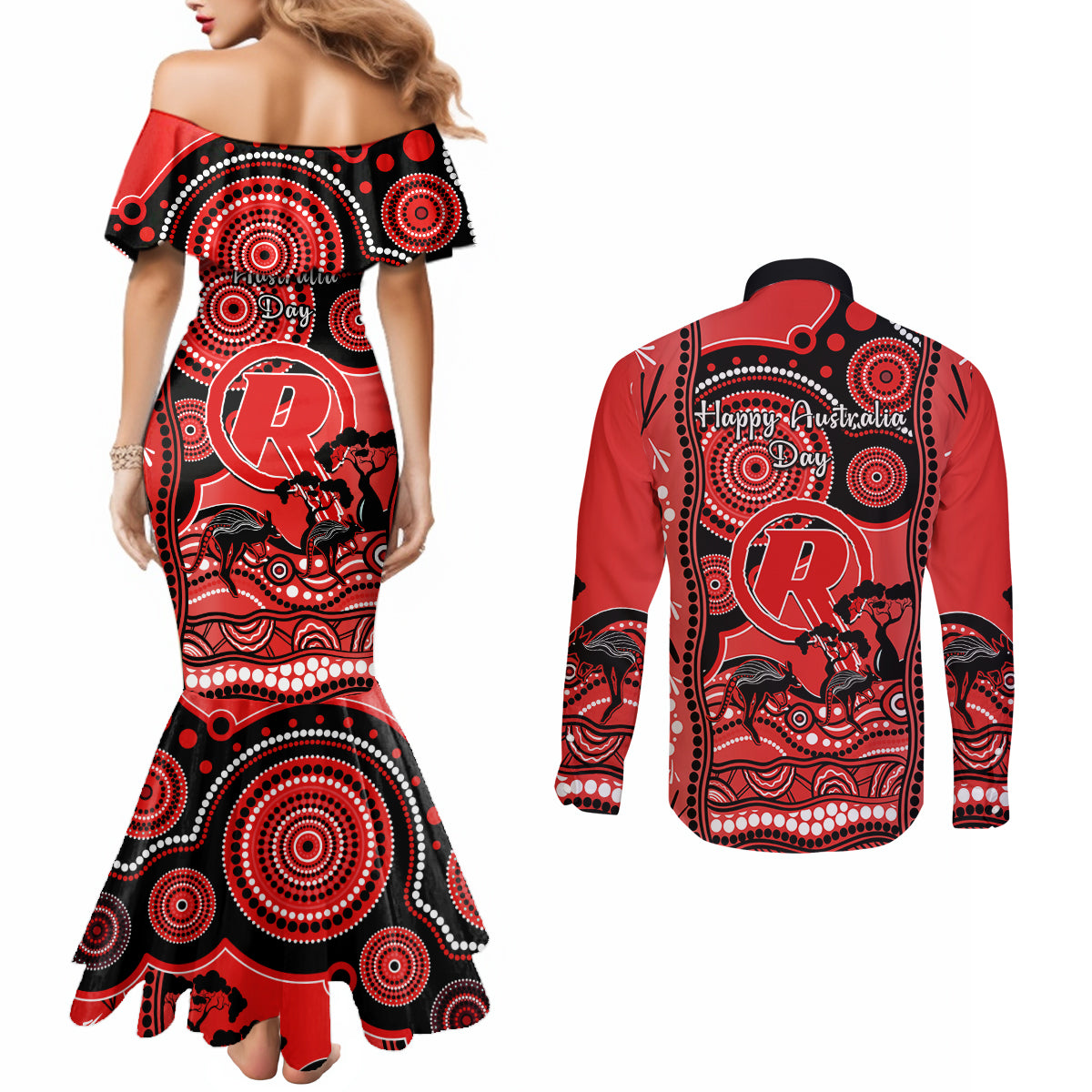 melbourne-renegades-cricket-couples-matching-mermaid-dress-and-long-sleeve-button-shirt-happy-australia-day-aboriginal-art