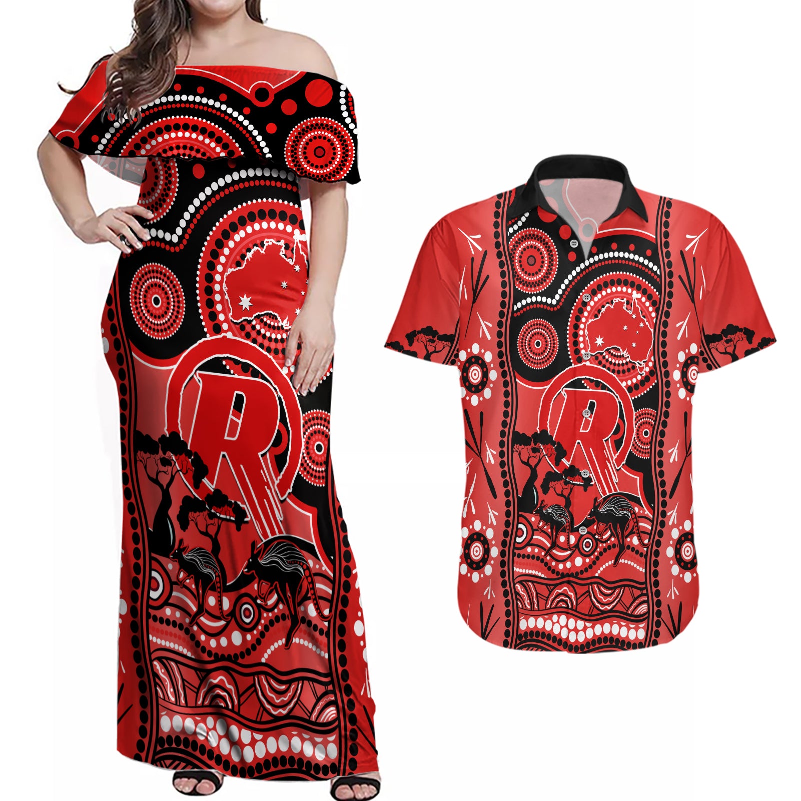 melbourne-renegades-cricket-couples-matching-off-shoulder-maxi-dress-and-hawaiian-shirt-happy-australia-day-aboriginal-art