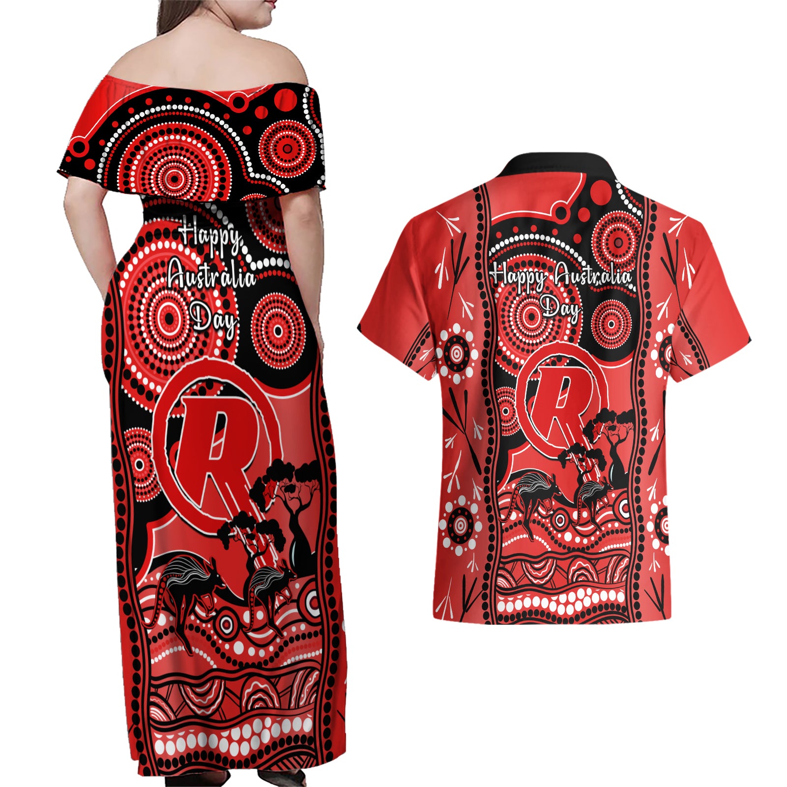 melbourne-renegades-cricket-couples-matching-off-shoulder-maxi-dress-and-hawaiian-shirt-happy-australia-day-aboriginal-art