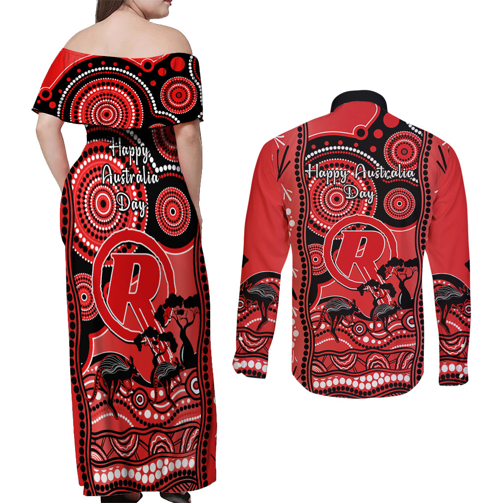 melbourne-renegades-cricket-couples-matching-off-shoulder-maxi-dress-and-long-sleeve-button-shirt-happy-australia-day-aboriginal-art