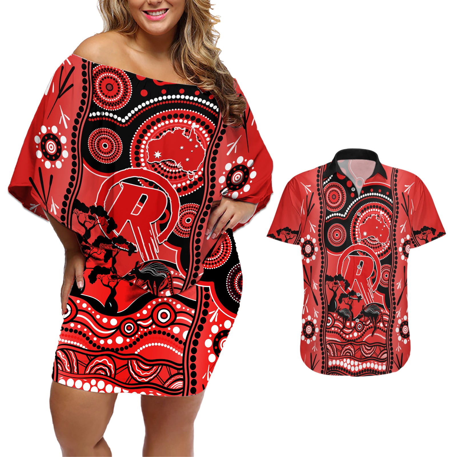 melbourne-renegades-cricket-couples-matching-off-shoulder-short-dress-and-hawaiian-shirt-happy-australia-day-aboriginal-art